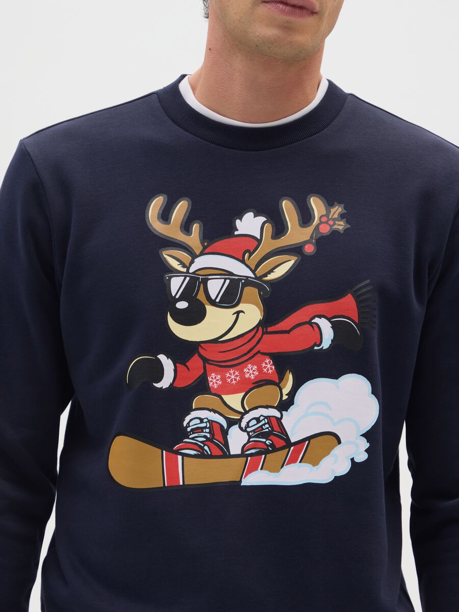 Blue Cotton Blend Sweatshirt Regular Fit with Christmas Print_3