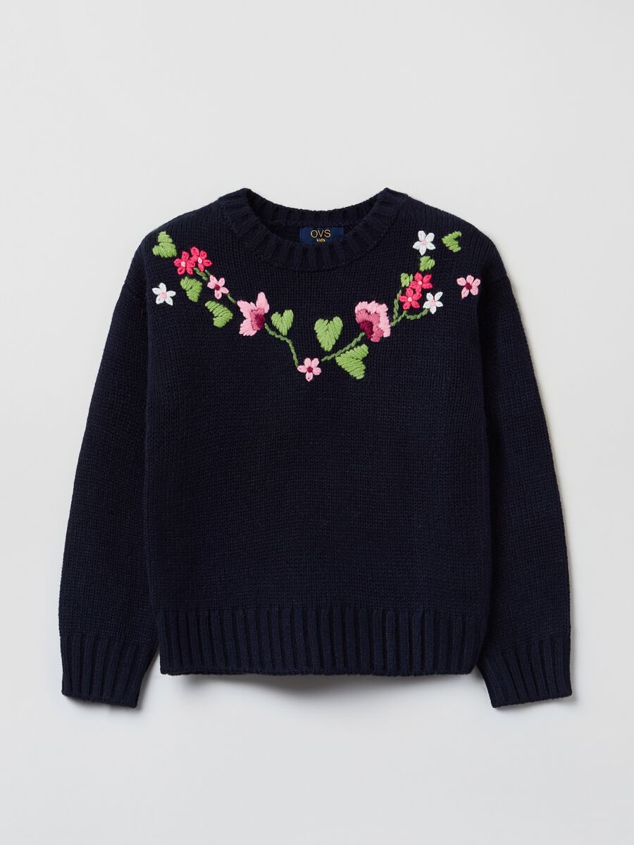 Pullover girocollo con ricamo floreale_0
