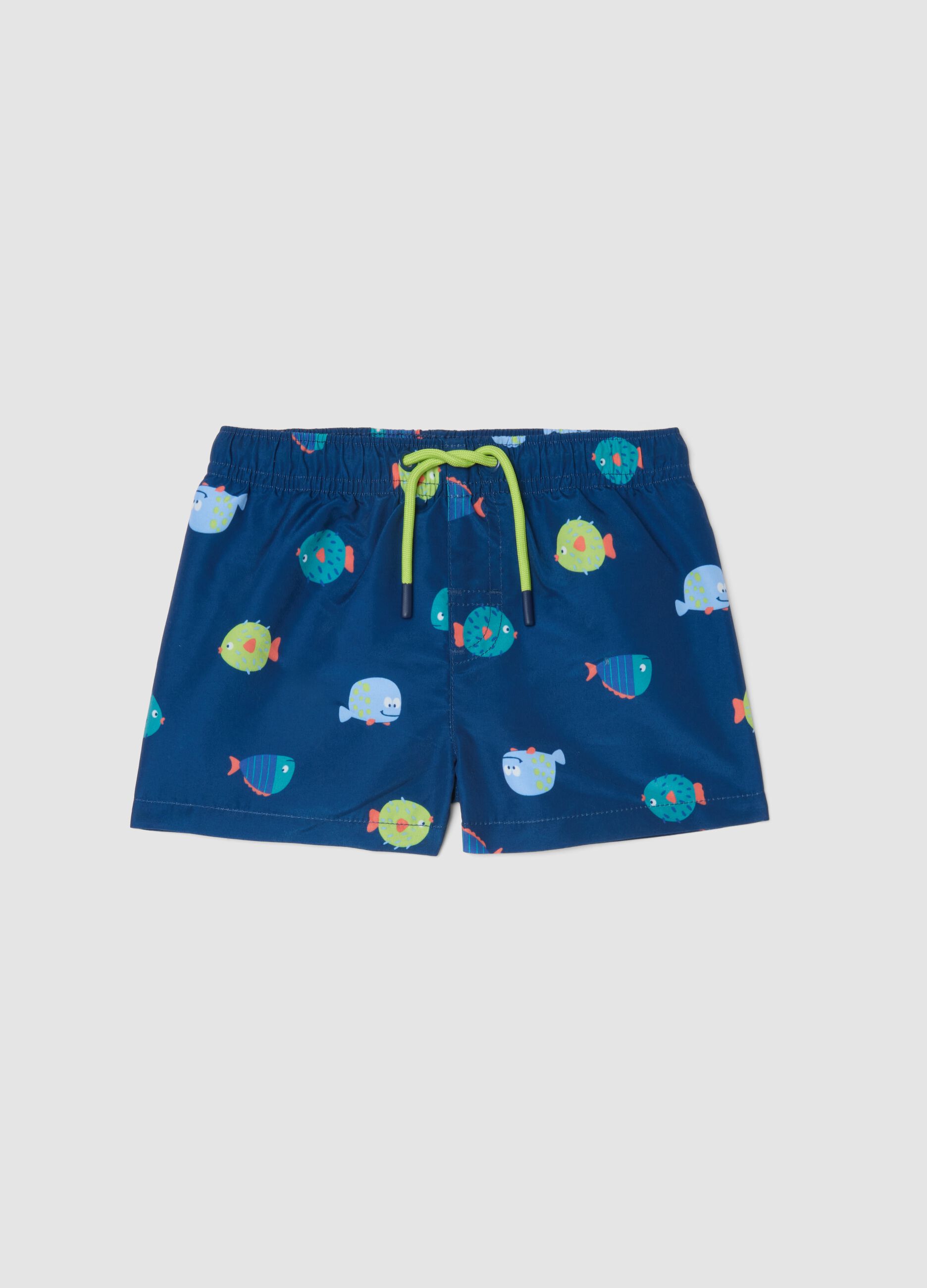 Blue fish-print boxer swim shorts for baby boys