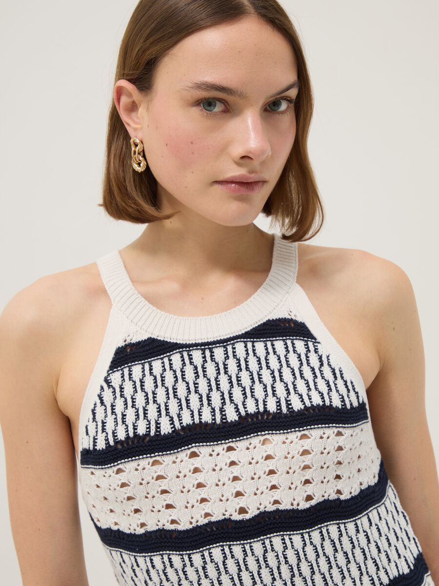 Fitted maxi dress in pure cotton with openwork knit and multicolour stripes_1