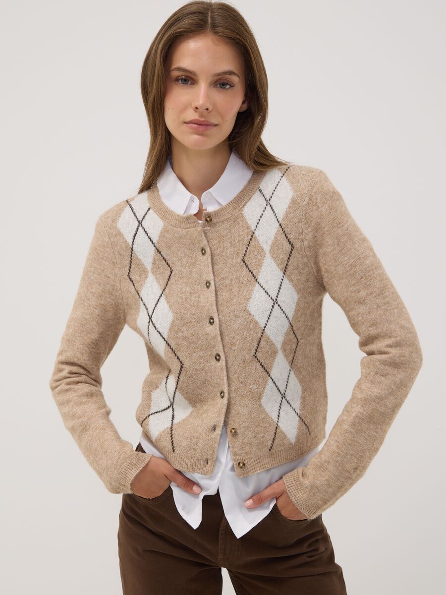 Cardigan beige in lana elasticizzata jacquard girocollo regular fit_0
