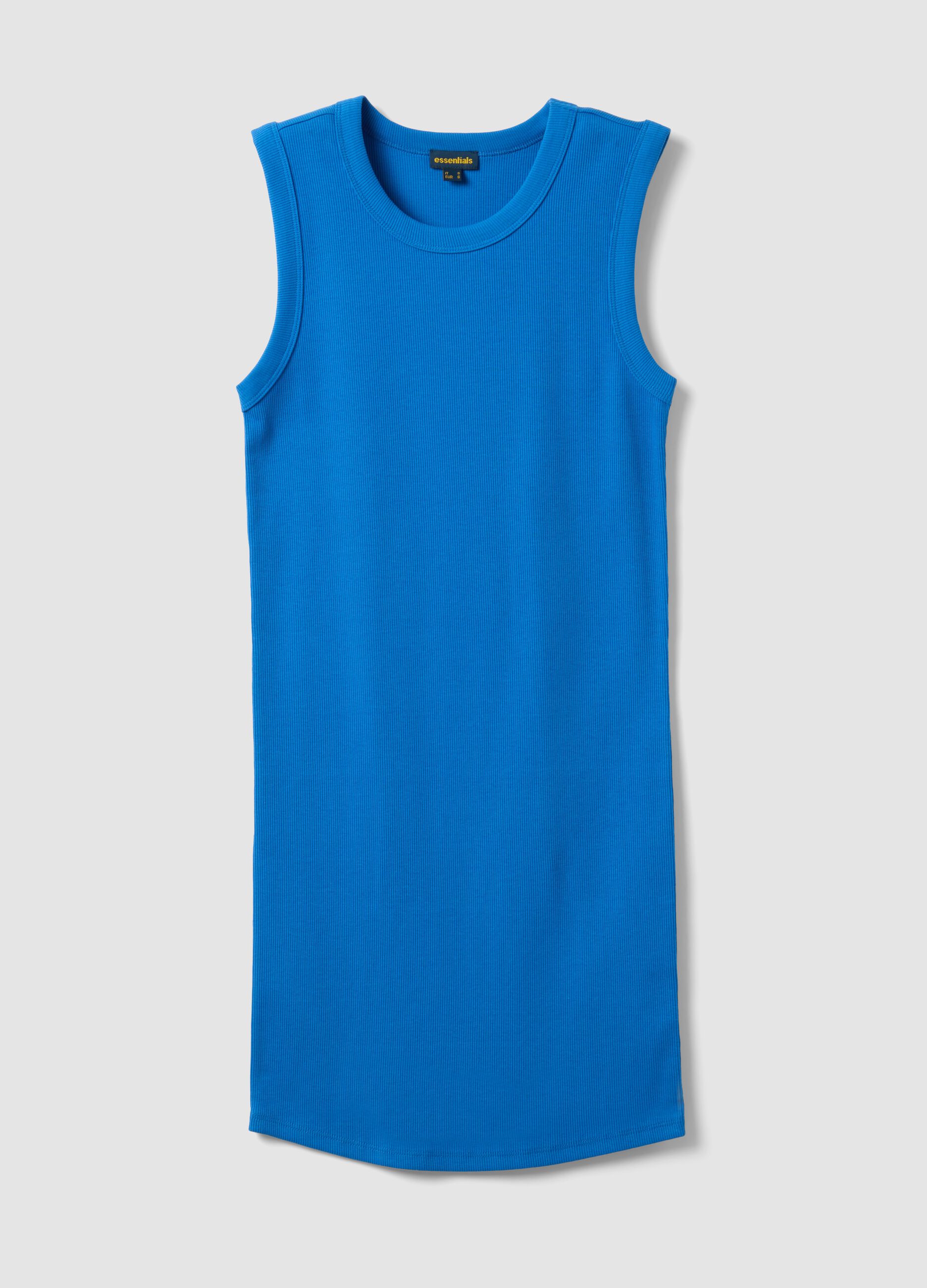 Abito midi blu in cotone elasticizzato a costine