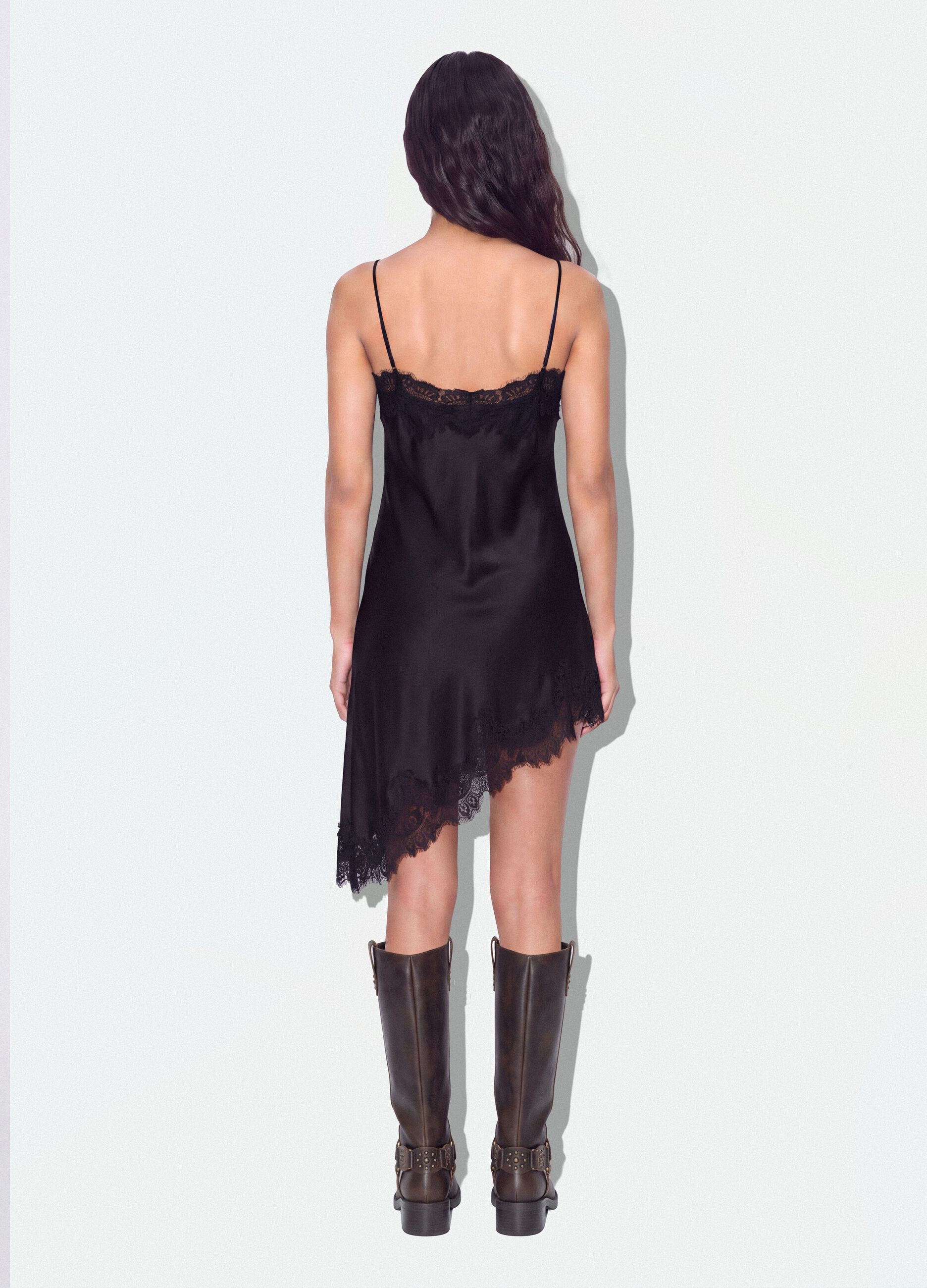 Black viscose-blend dress with deep V-neck and lace