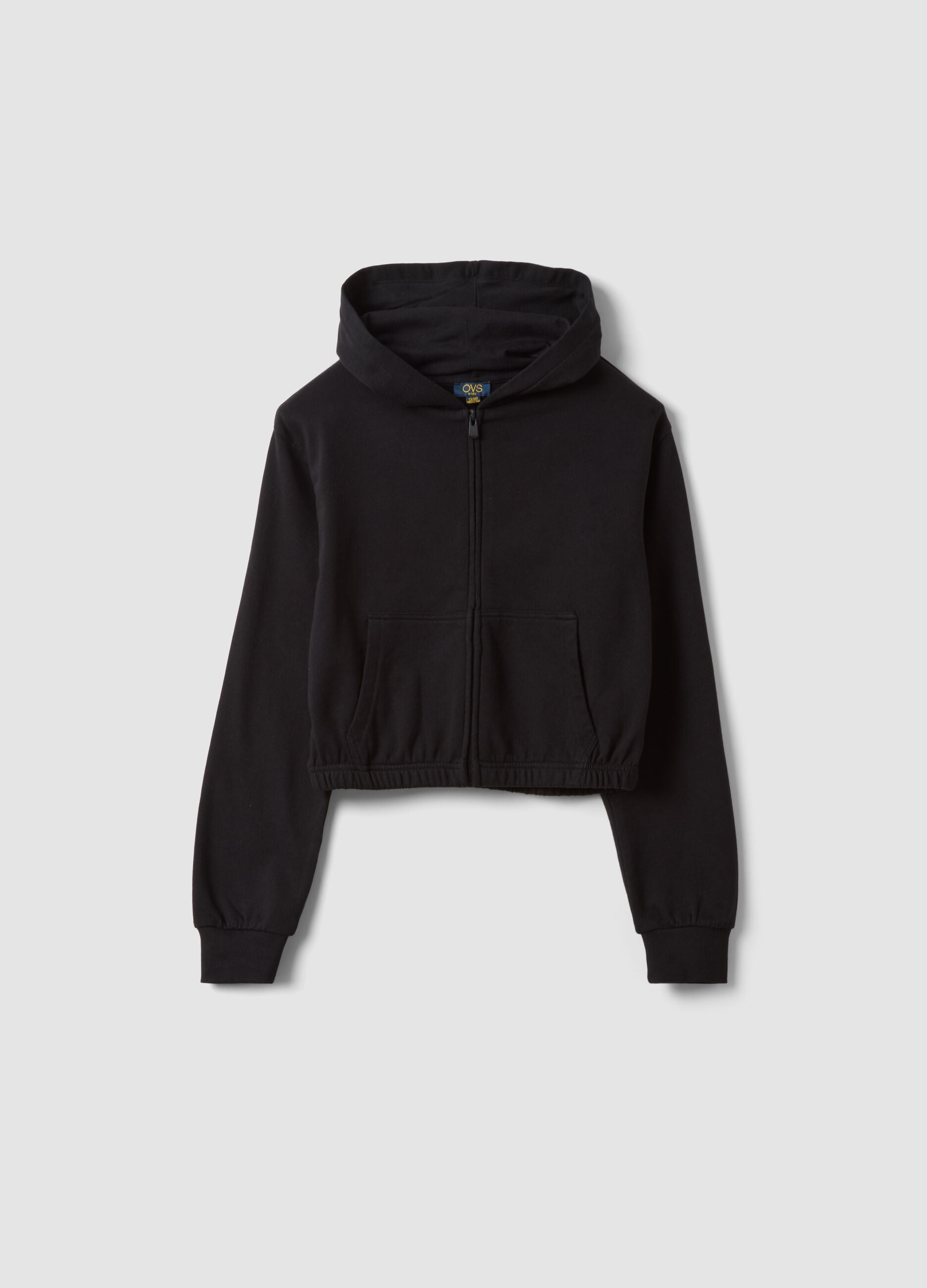 Short black pure cotton hoodie with crew neck for girls