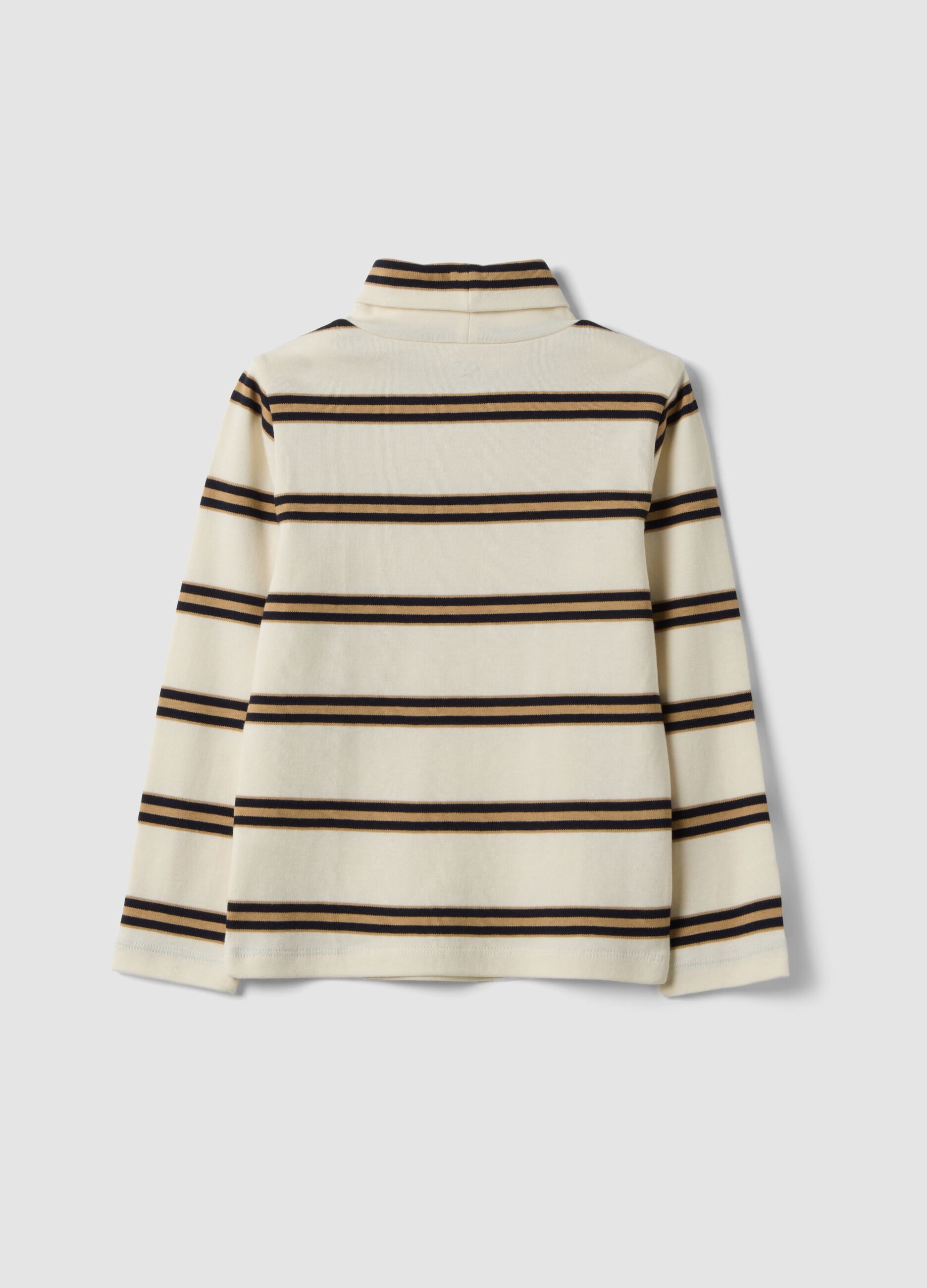 Maglia beige a righe in puro cotone organico con dolcevita