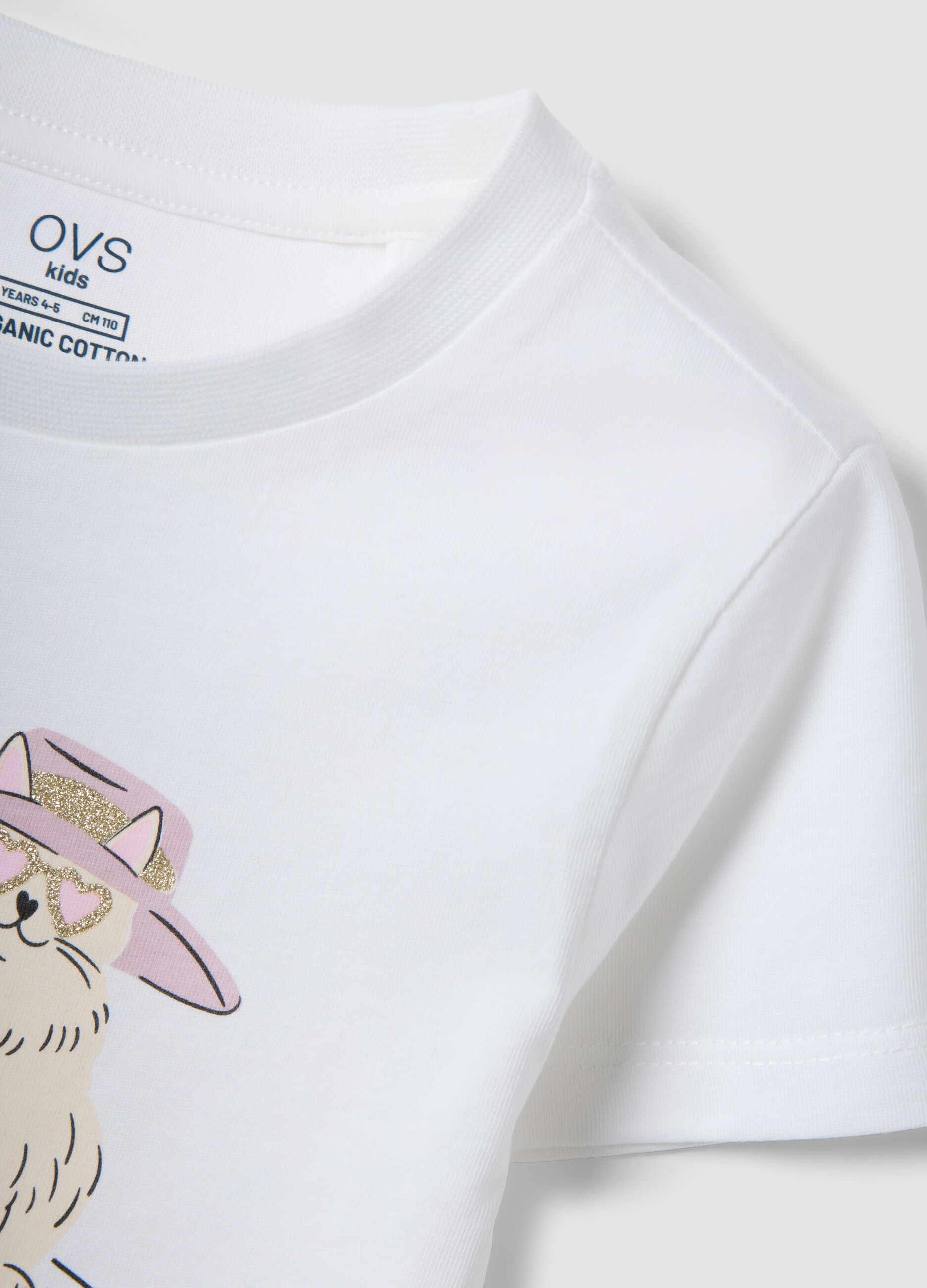 White pure organic cotton girls&rsquo; T-shirt with print and glitter