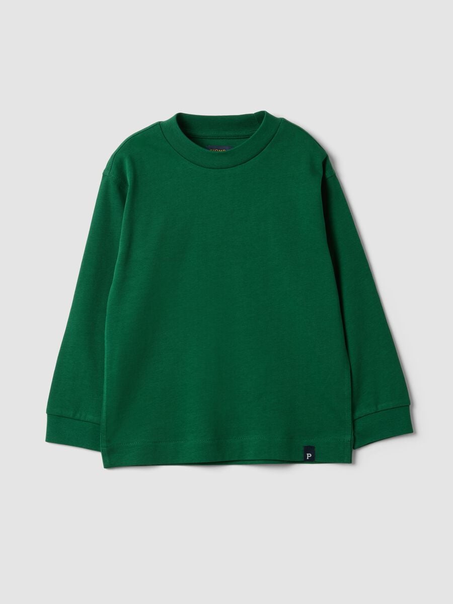 T-shirt verde in puro cotone girocollo a maniche lunghe per bambino_0