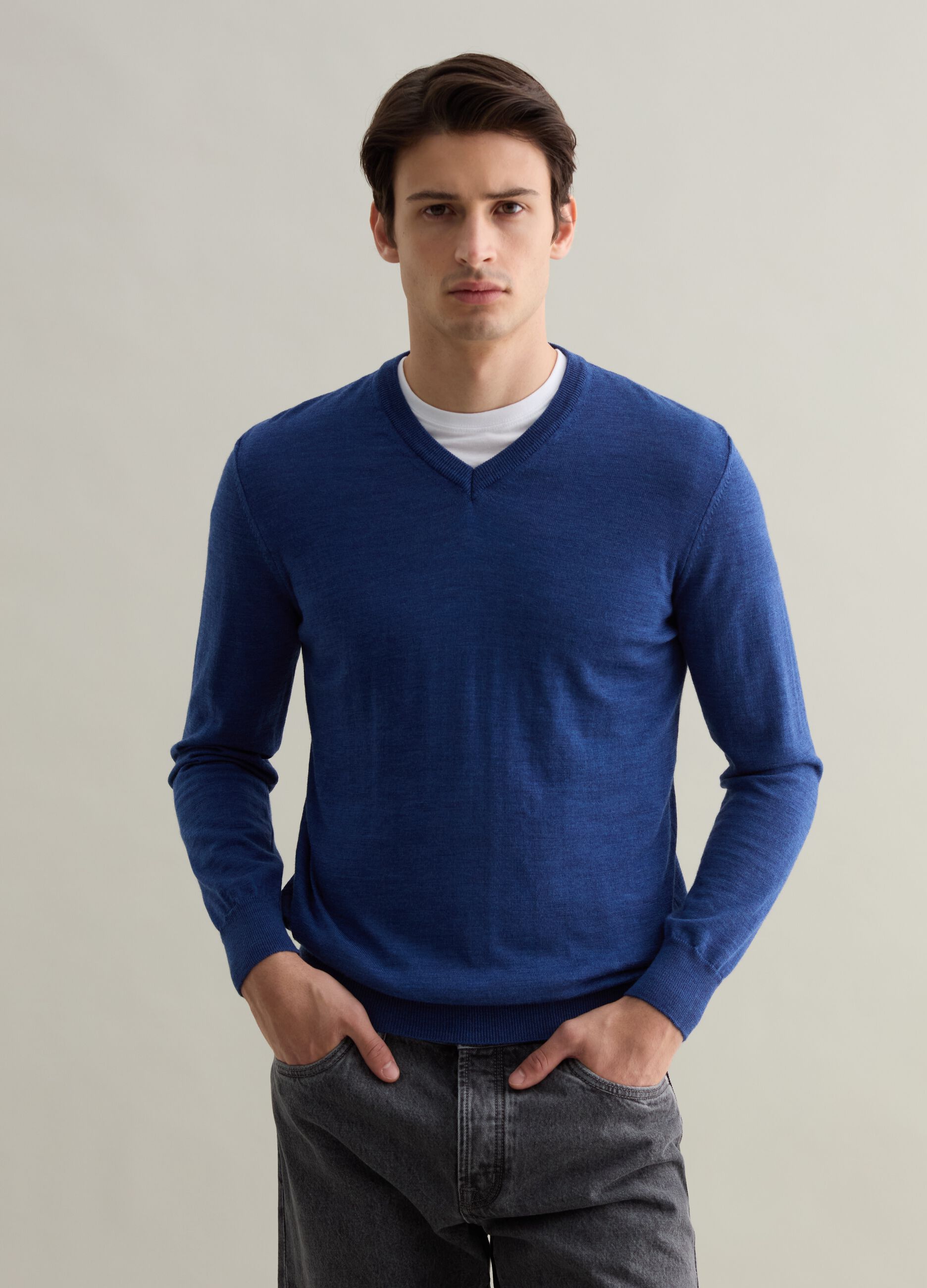 Pullover in lana merino con scollo a V Blu denim PIOMBO da Uomo OVS