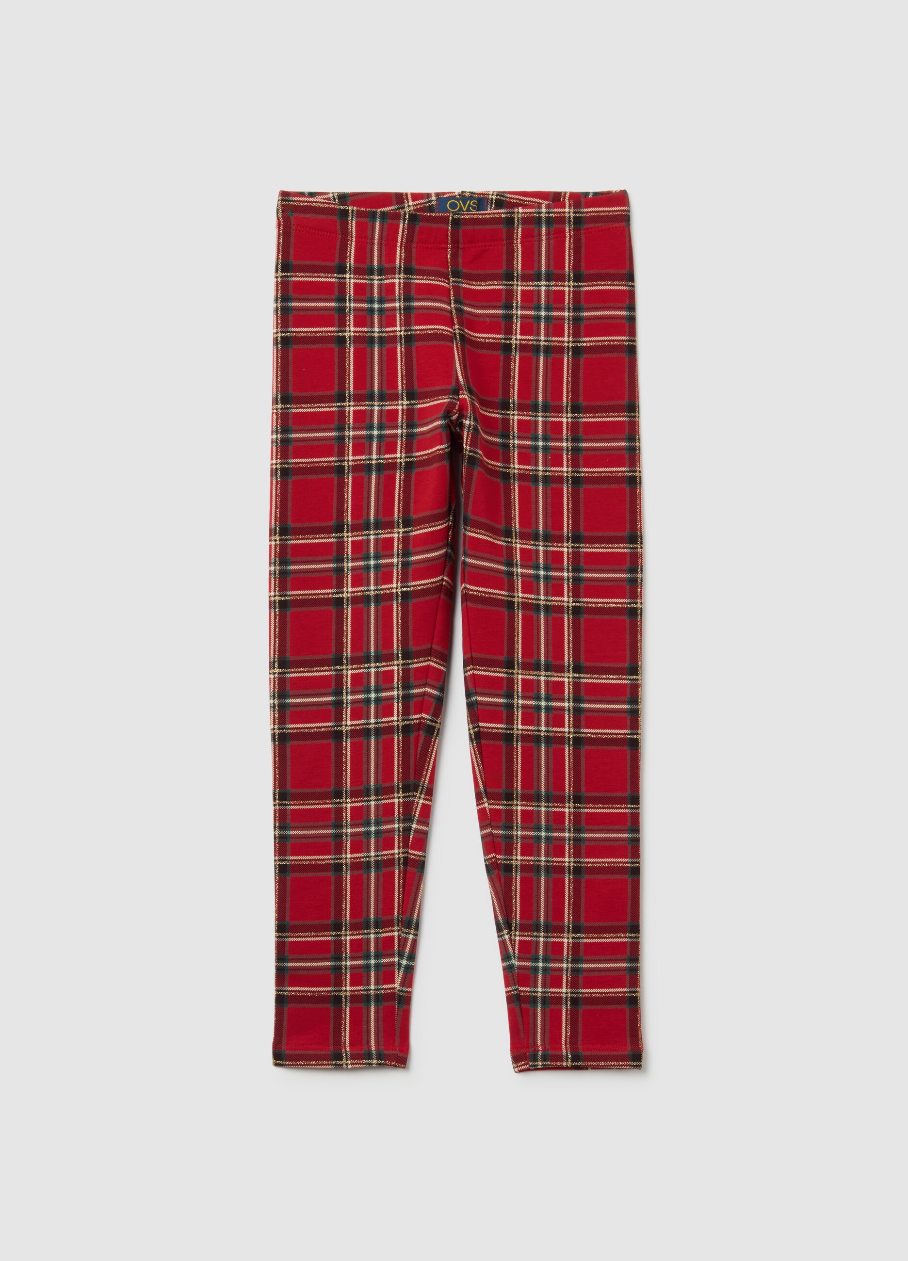 Girls' red check leggings in stretchy cotton