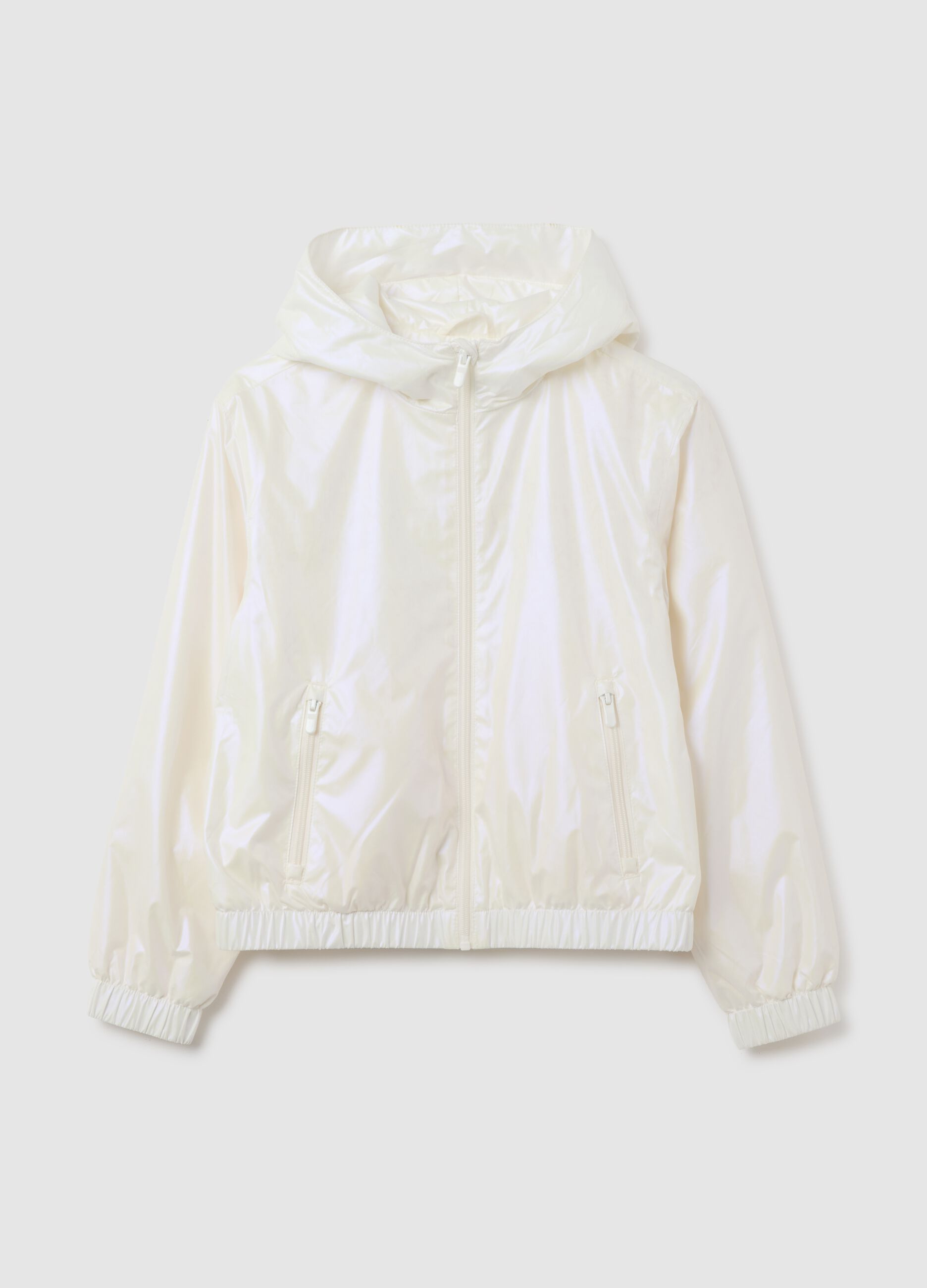Girls' white regular fit jacket with hood