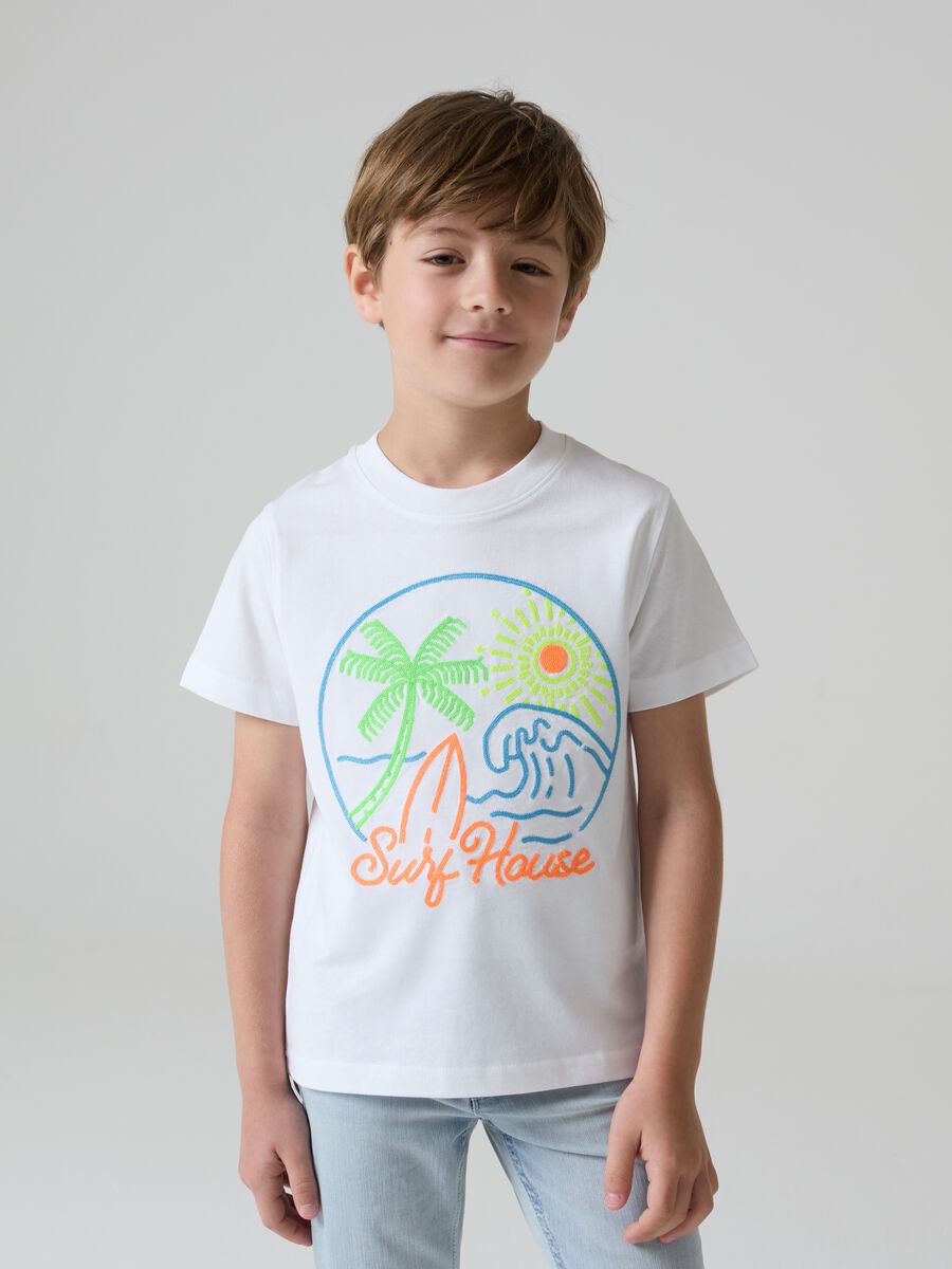 Cotton T-shirt with surf motif embroidery_0