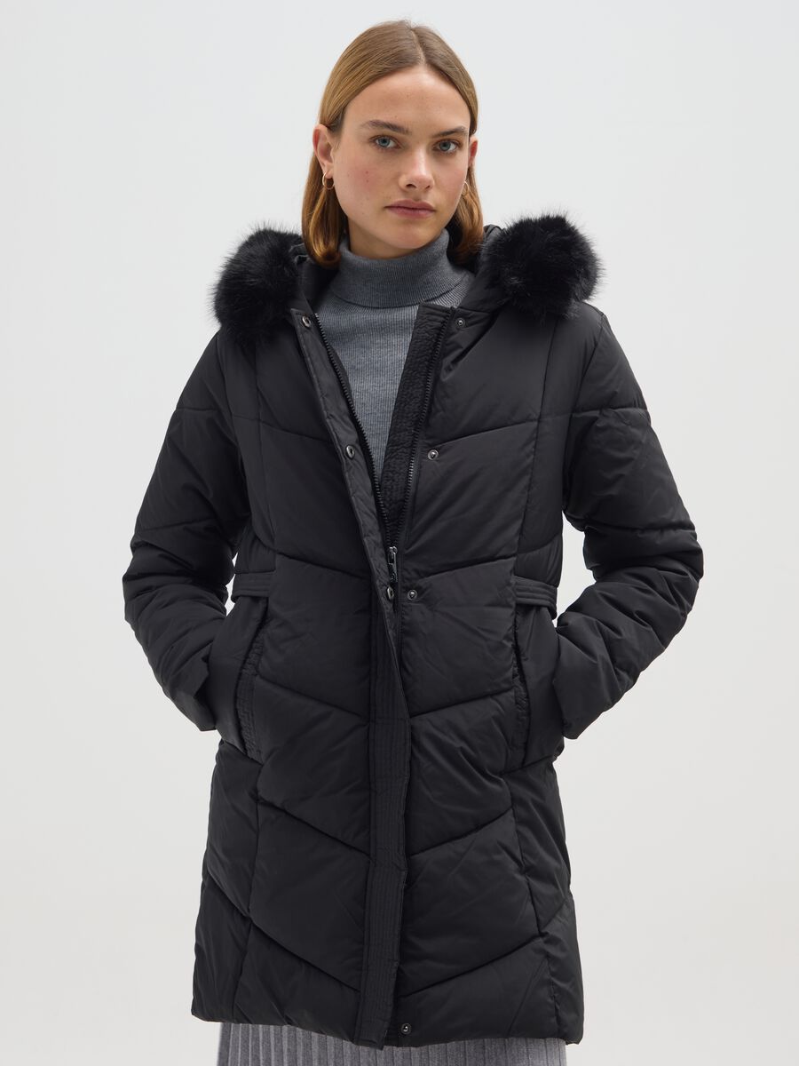 Long Black Hooded Down Jacket_0