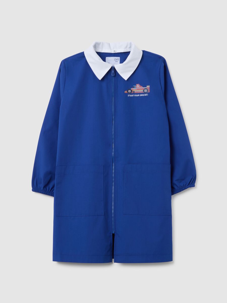 Children's blue cotton blend school apron with print_0