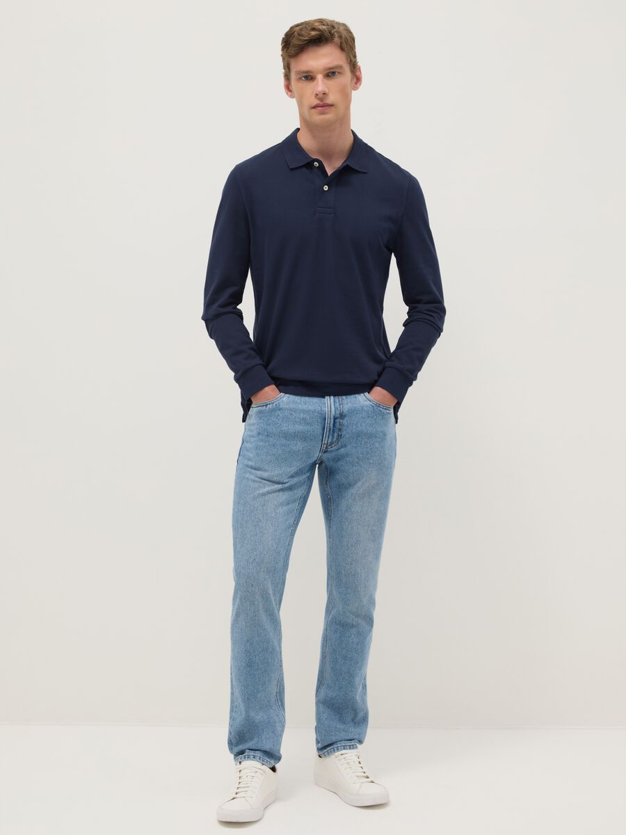 Polo blu a maniche lunghe in puro cotone regular fit_1