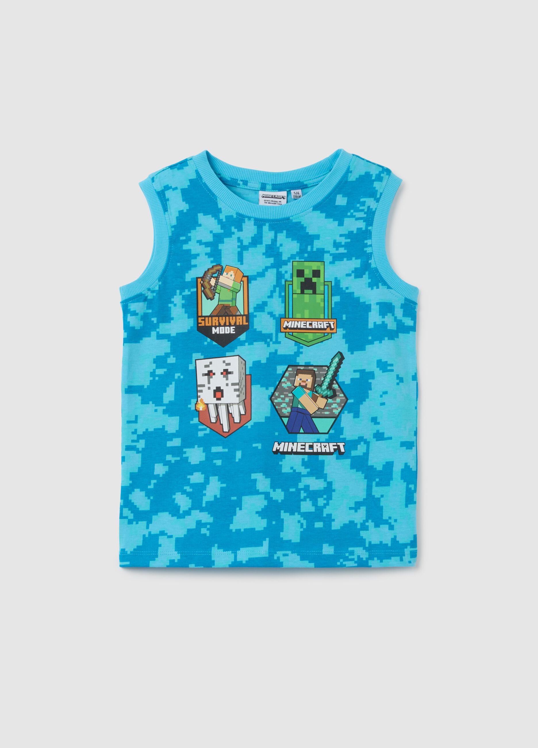 Maglia smanicata da bambino in puro cotone azzurra con stampa Minecraft