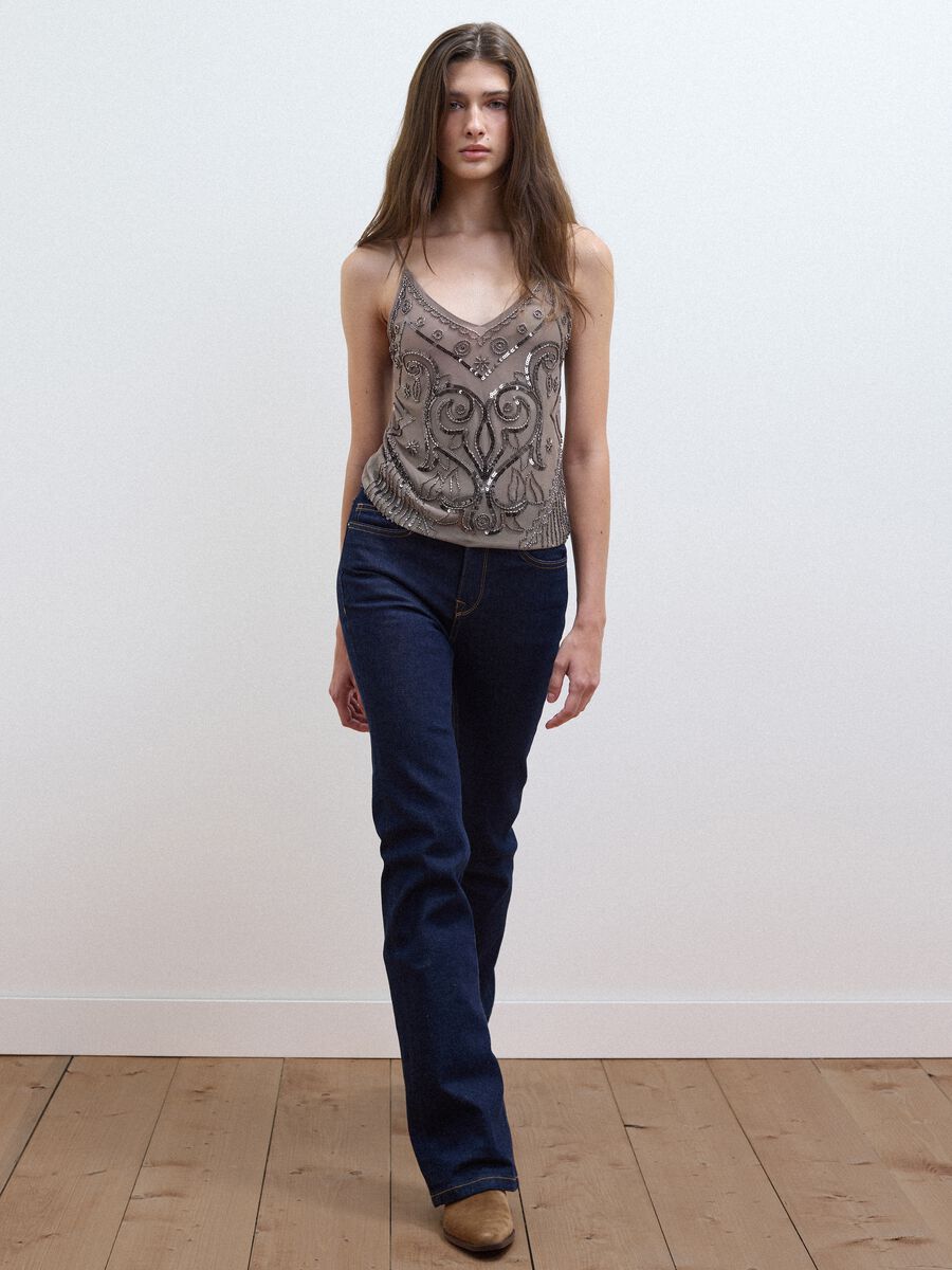 Beige fitted tank top with thin straps in stretch fabric_2