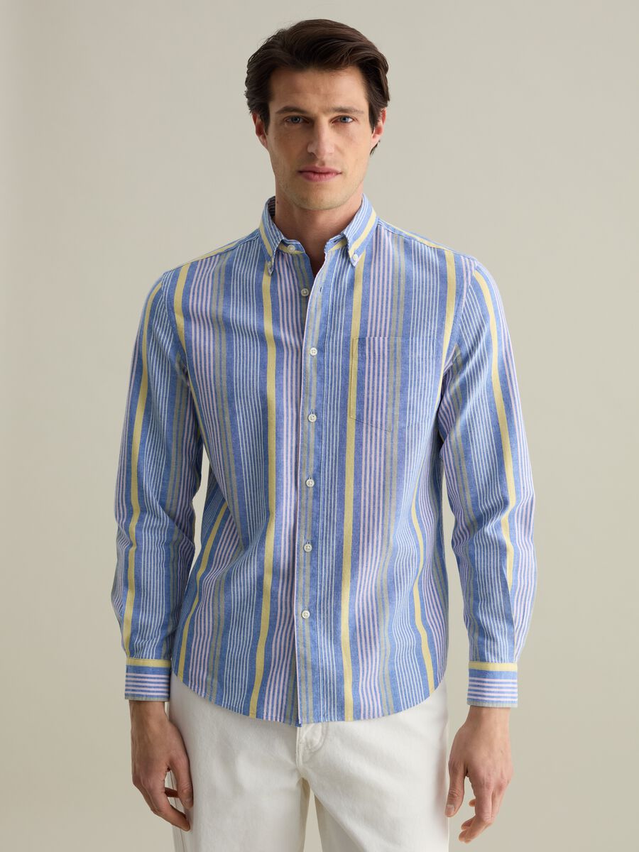 Regular-fit shirt in cotton and linen with multicoloured stripes_0