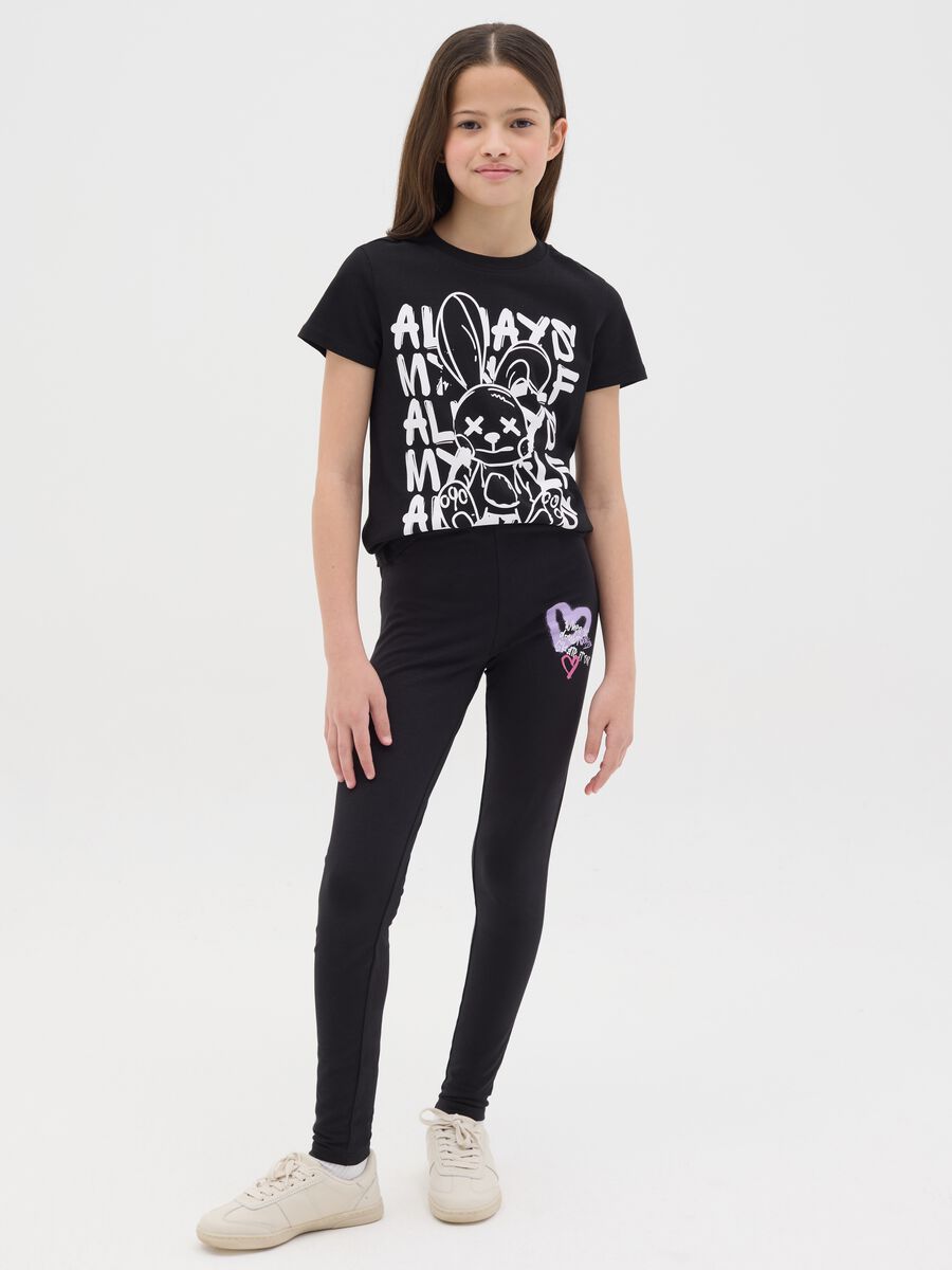 Stretch cotton leggings with lettering print_1