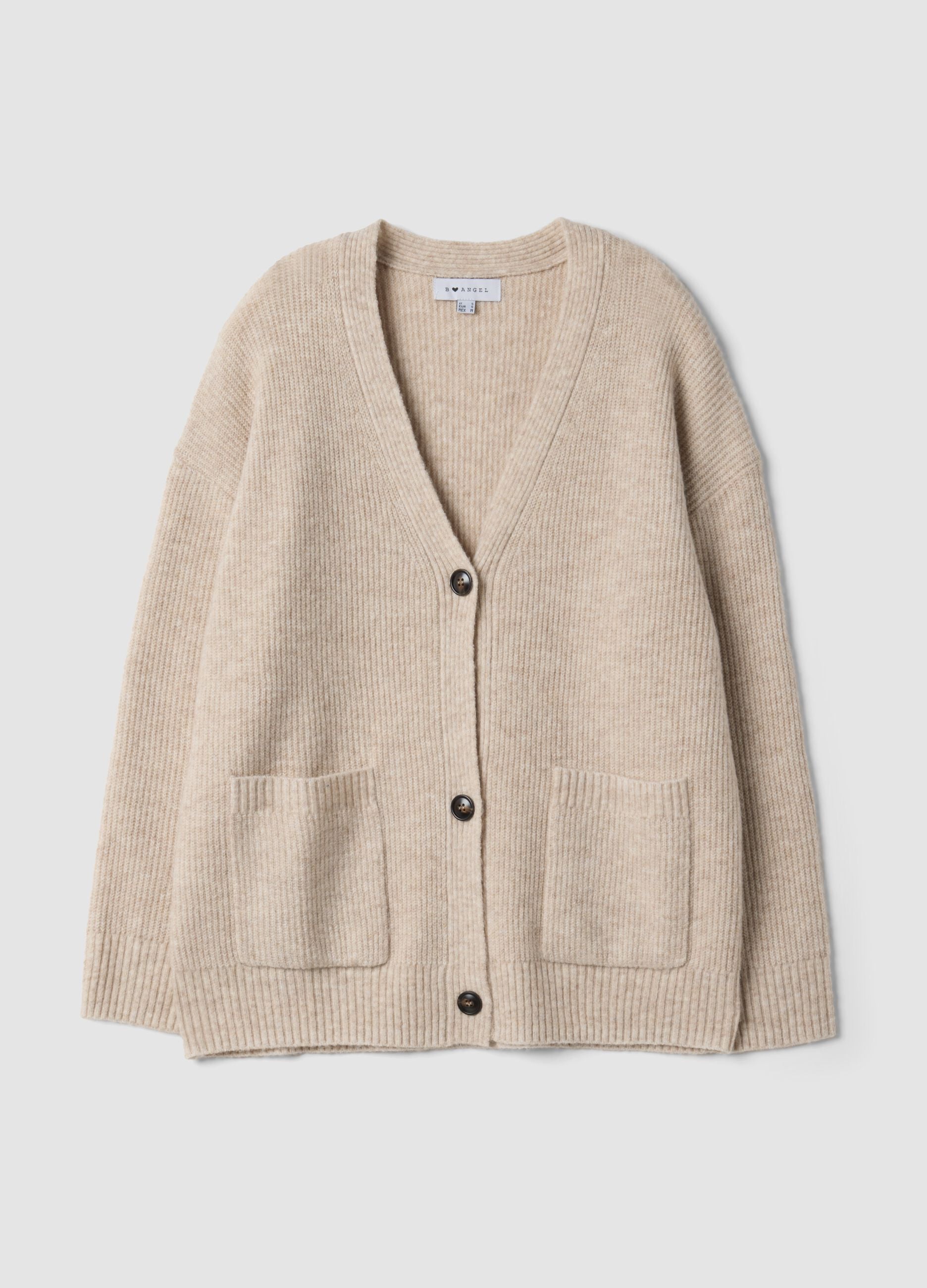 Beige stretch-fabric cardigan with deep V-neck
