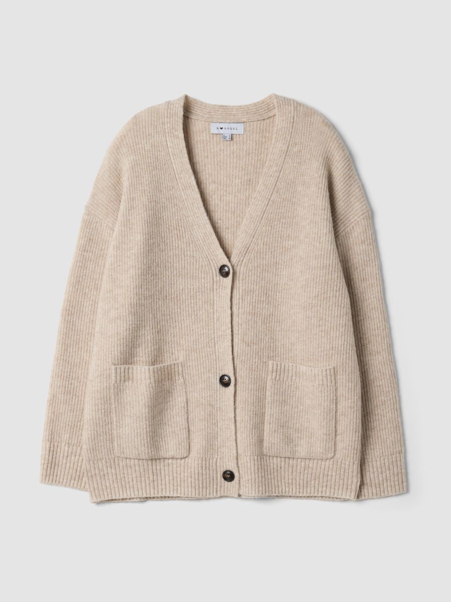 Cardigan beige in tessuto elasticizzato con scollo profondo a V_4