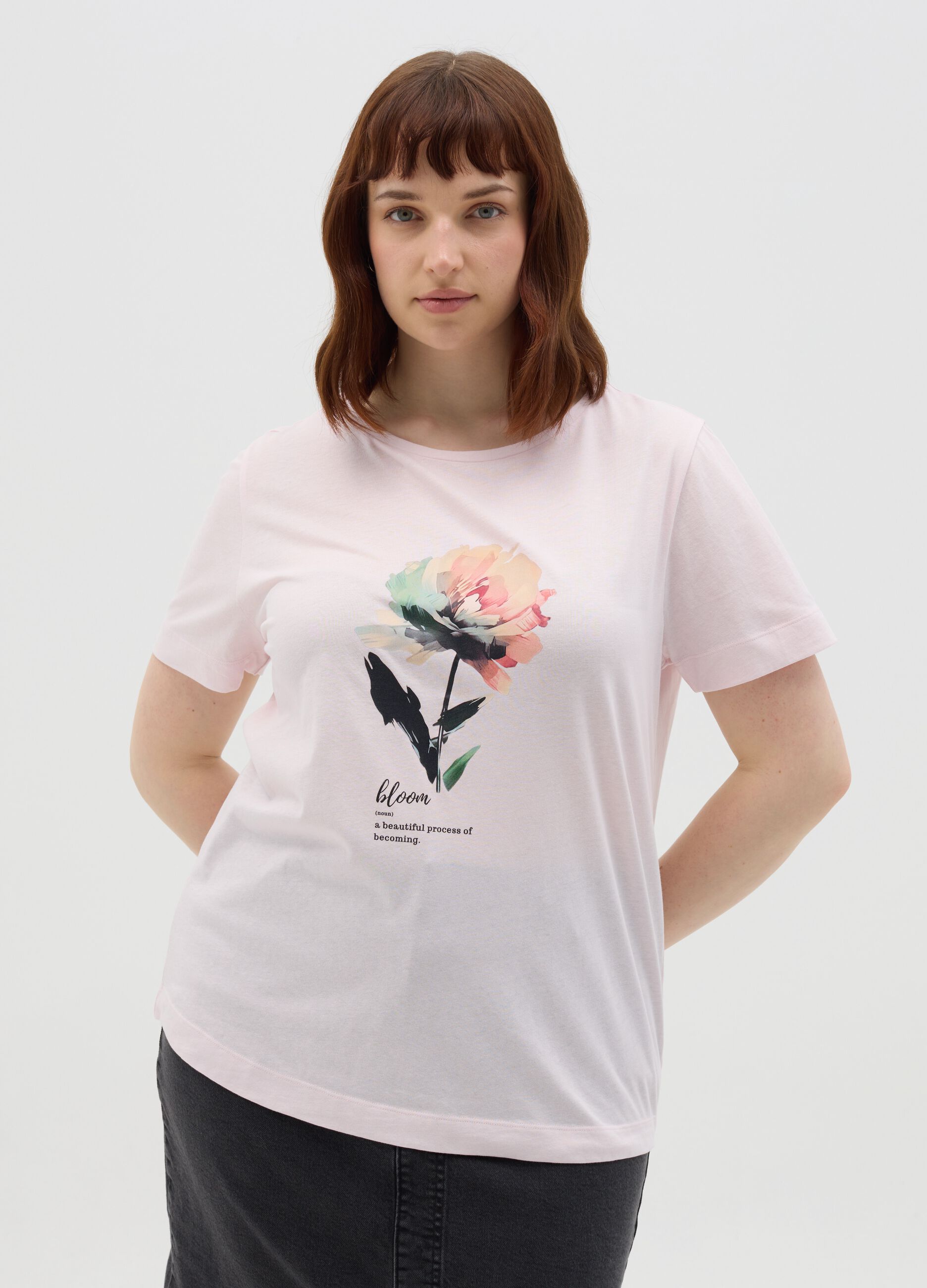 T-shirt rosa a maniche corte in cotone Curvy