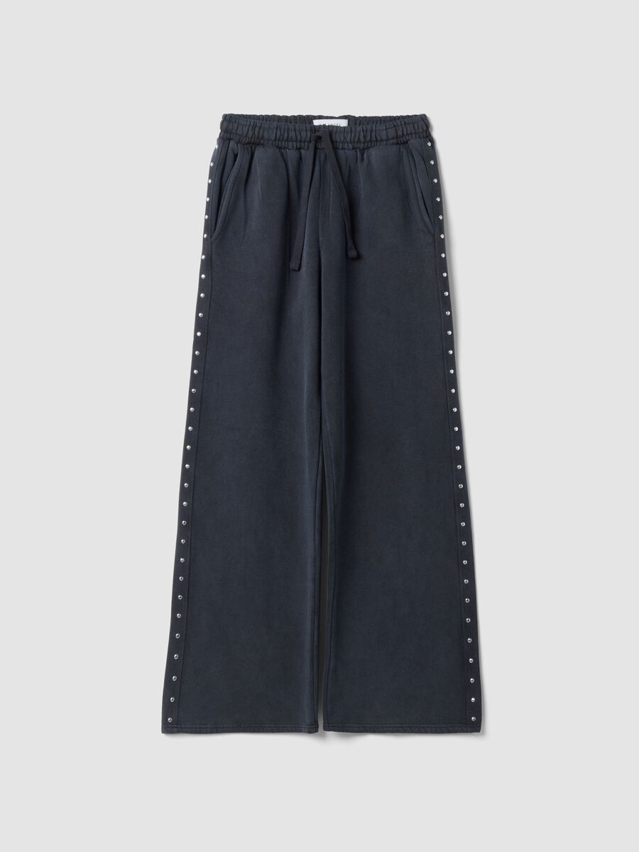 Grey wide-leg cotton-blend joggers with rhinestones_0