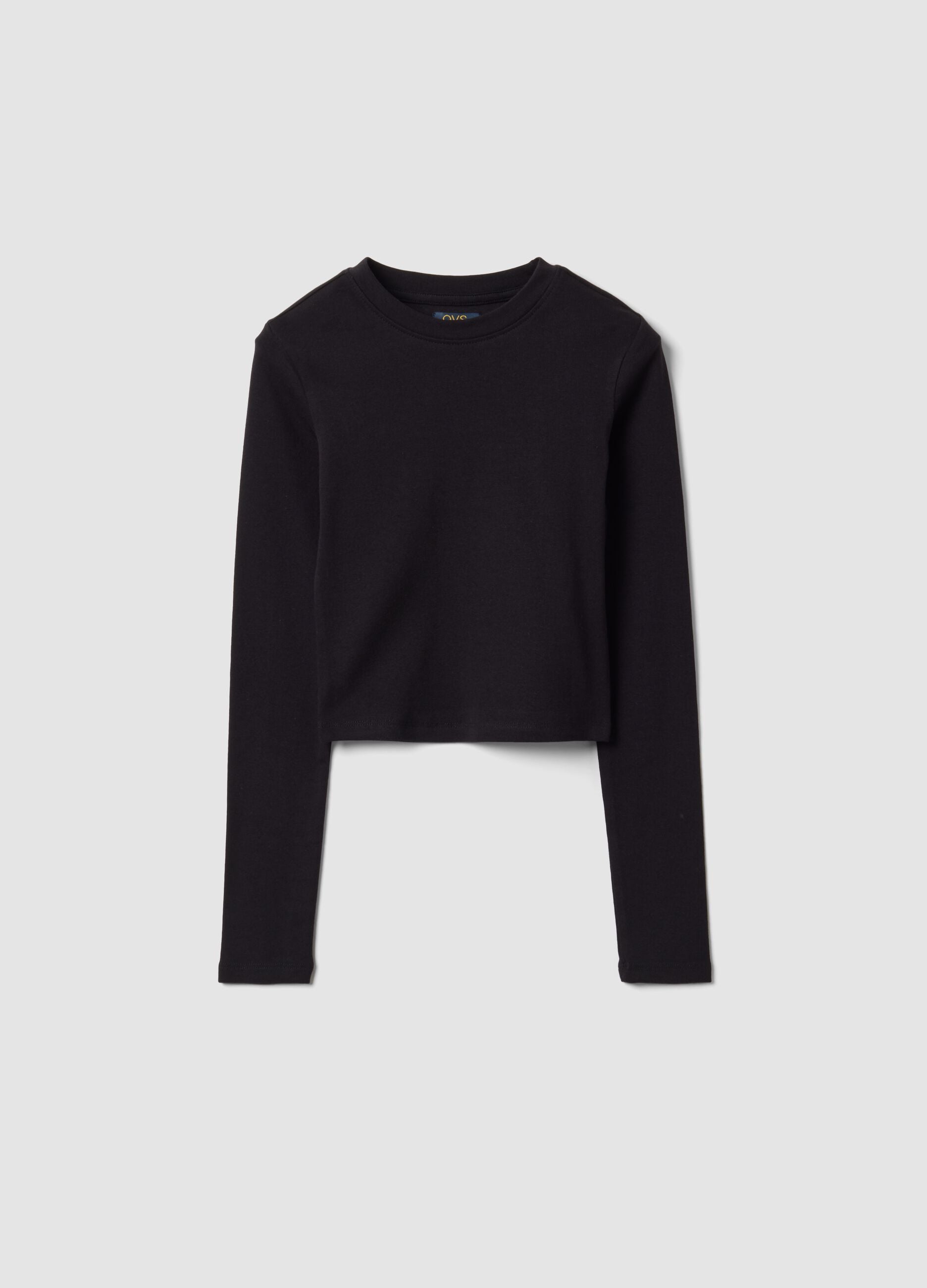 T-shirt nera in cotone organico elasticizzato con collo a costine per ragazza
