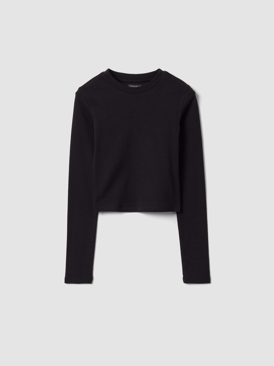 T-shirt nera in cotone organico elasticizzato con collo a costine per ragazza_3