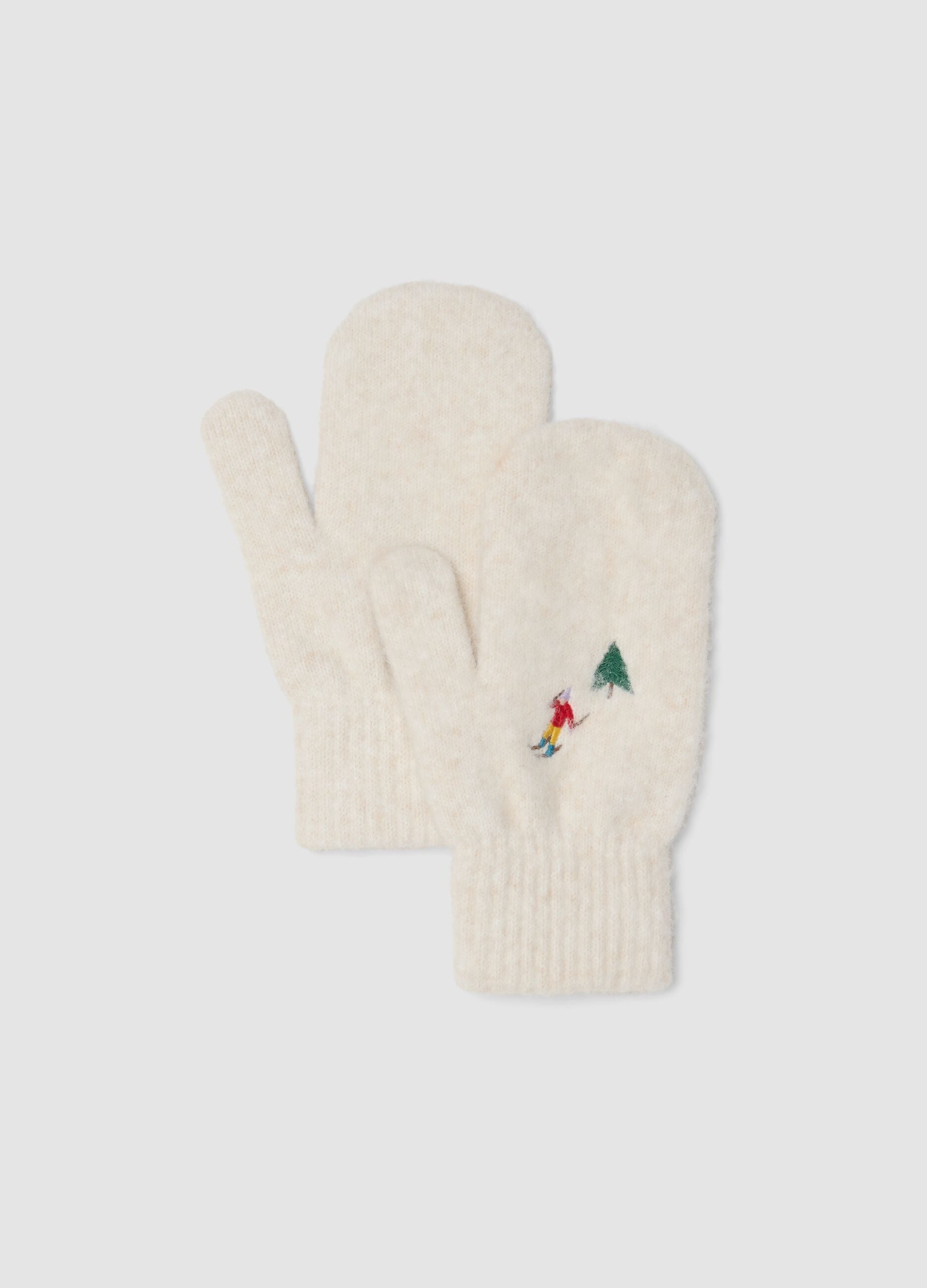 Beige stretch wool-blend gloves with ski embroidery