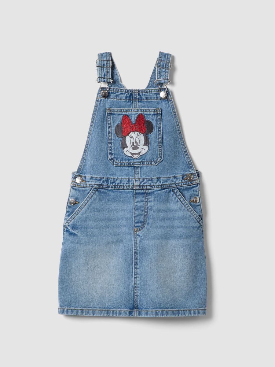 Salopette denim blu in puro cotone da bambina con ricamo Minnie_0
