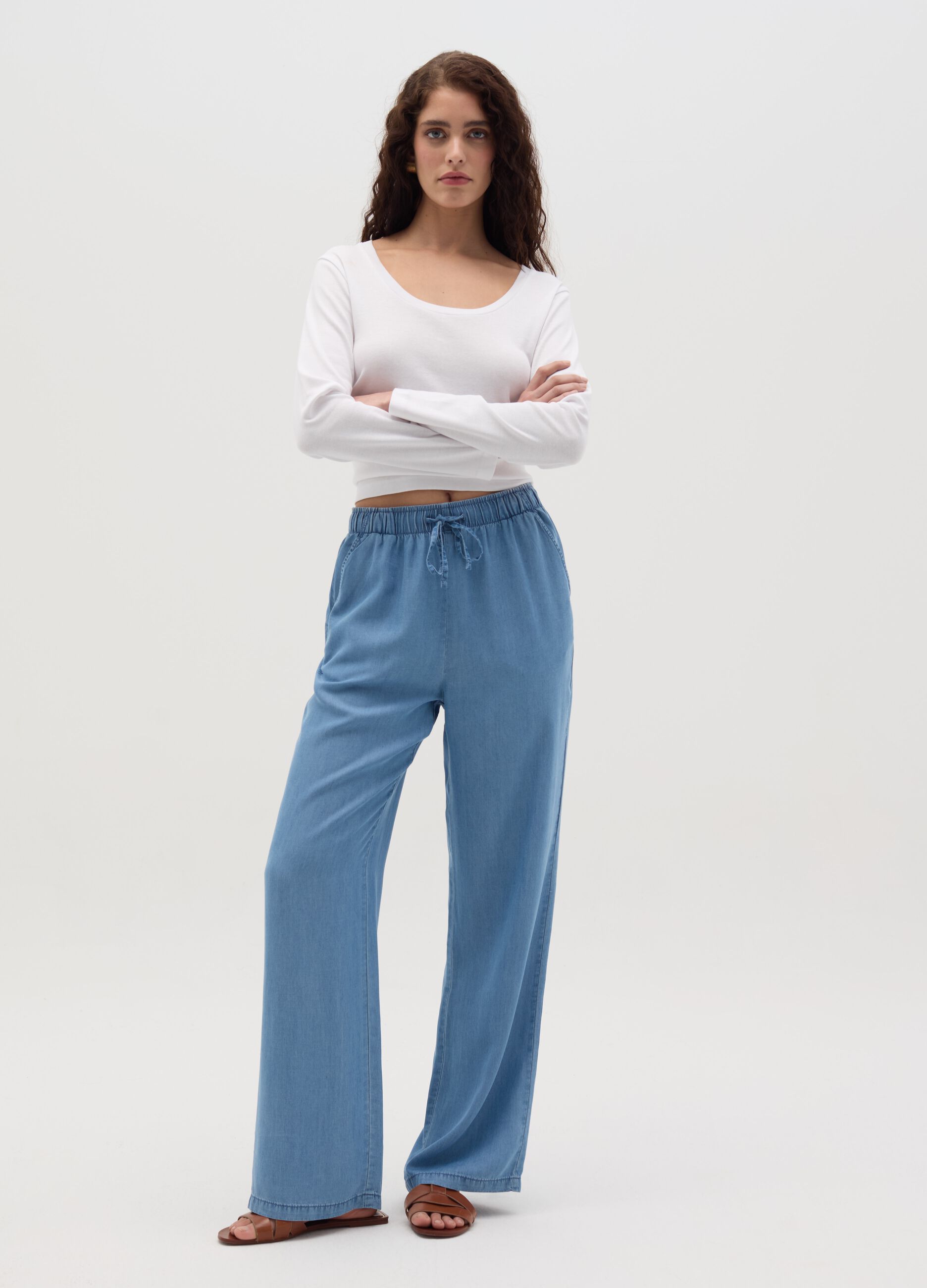 Denim-effect wide-leg fluid joggers