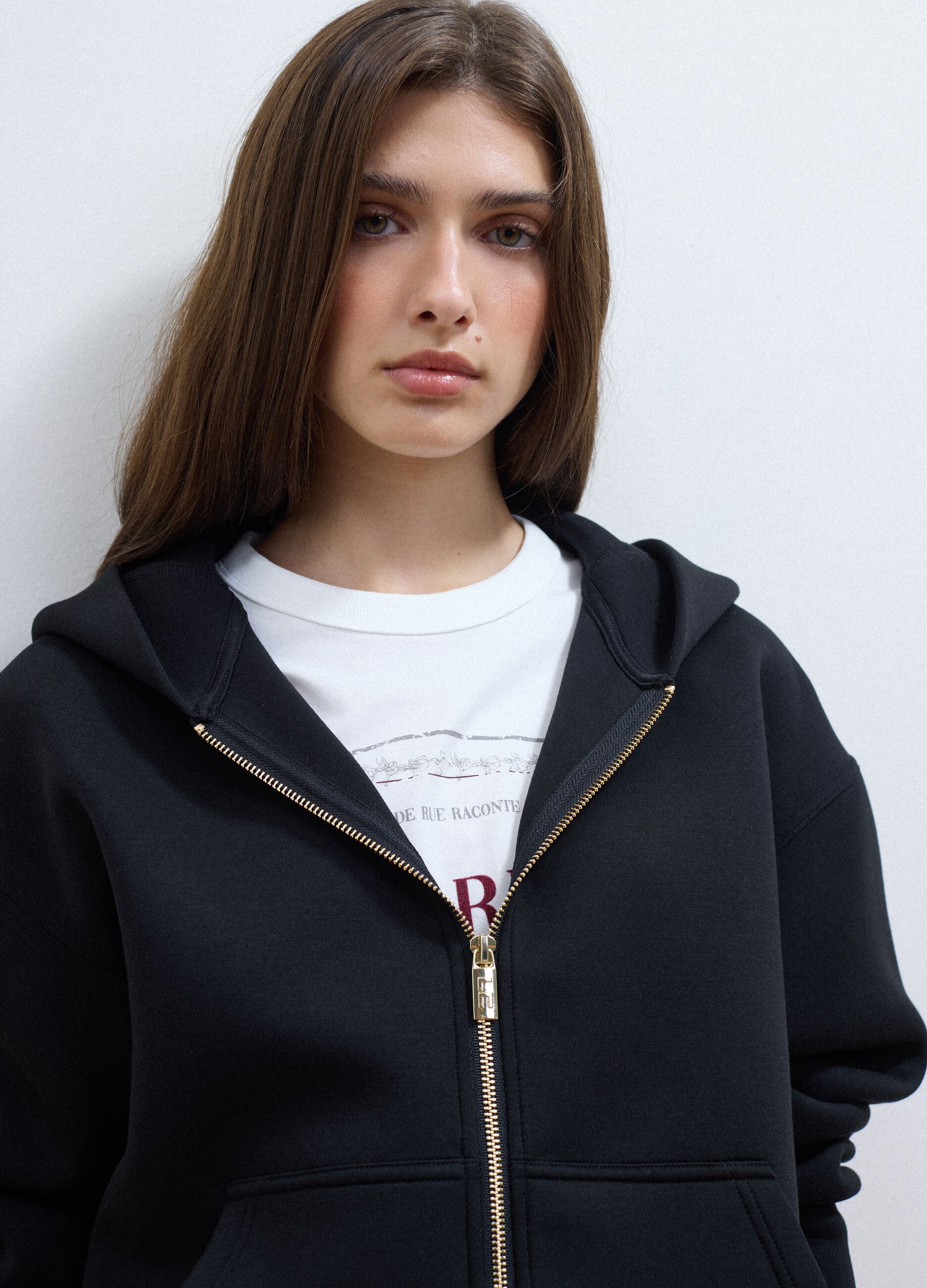 Black stretch viscose full-zip hoodie, oversized fit