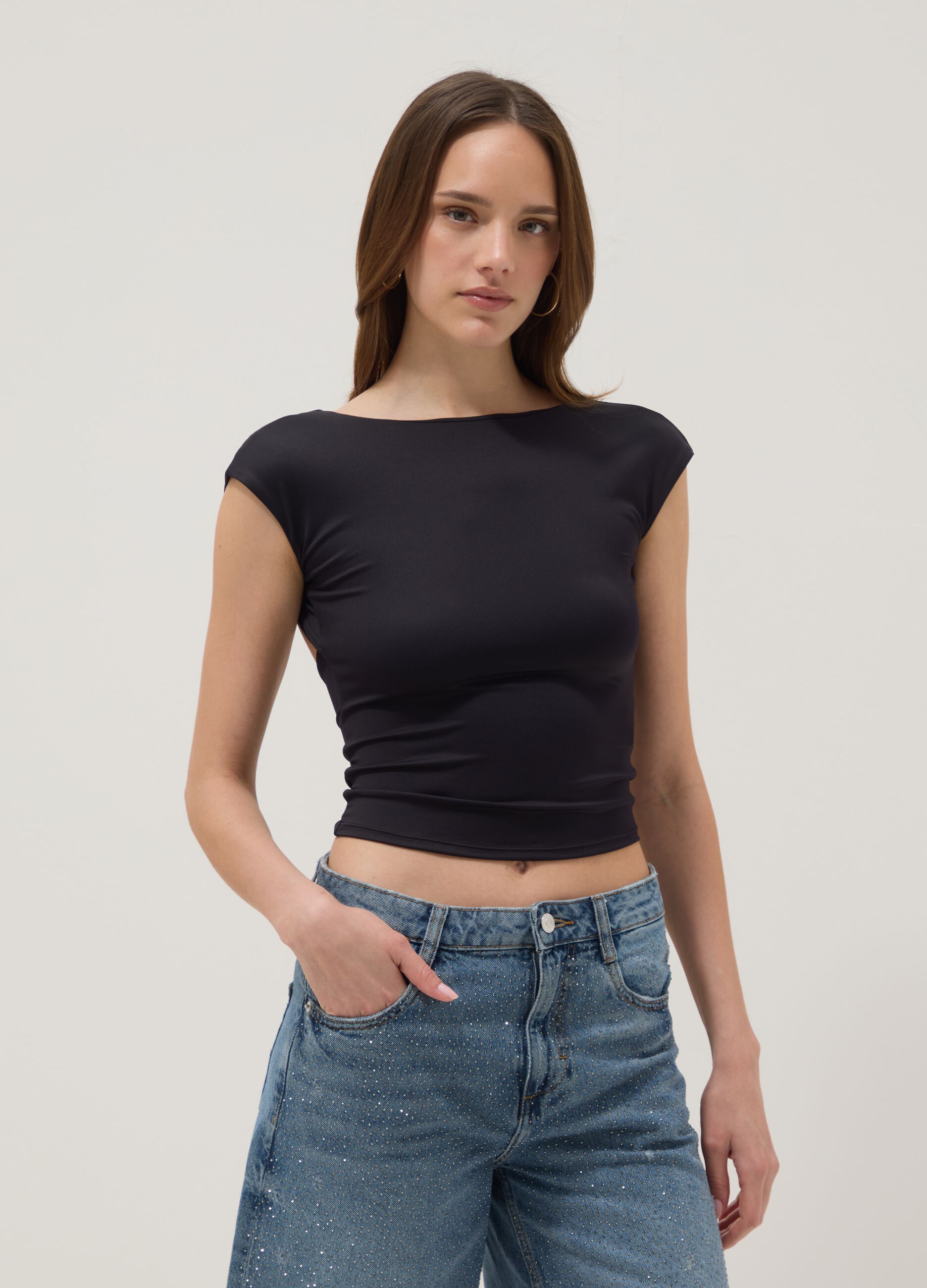 Black stretch fabric top