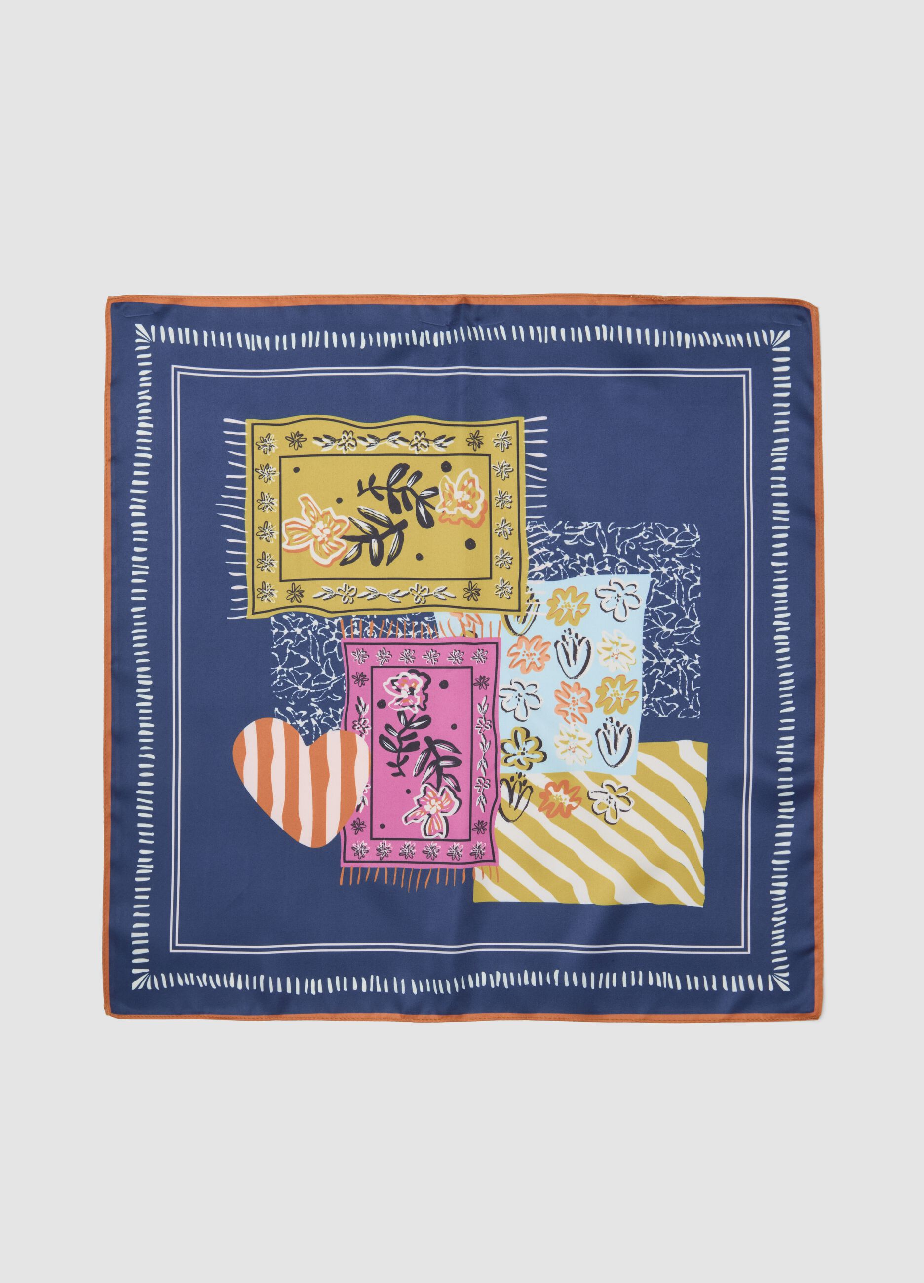 Blue scarf with multicolour print