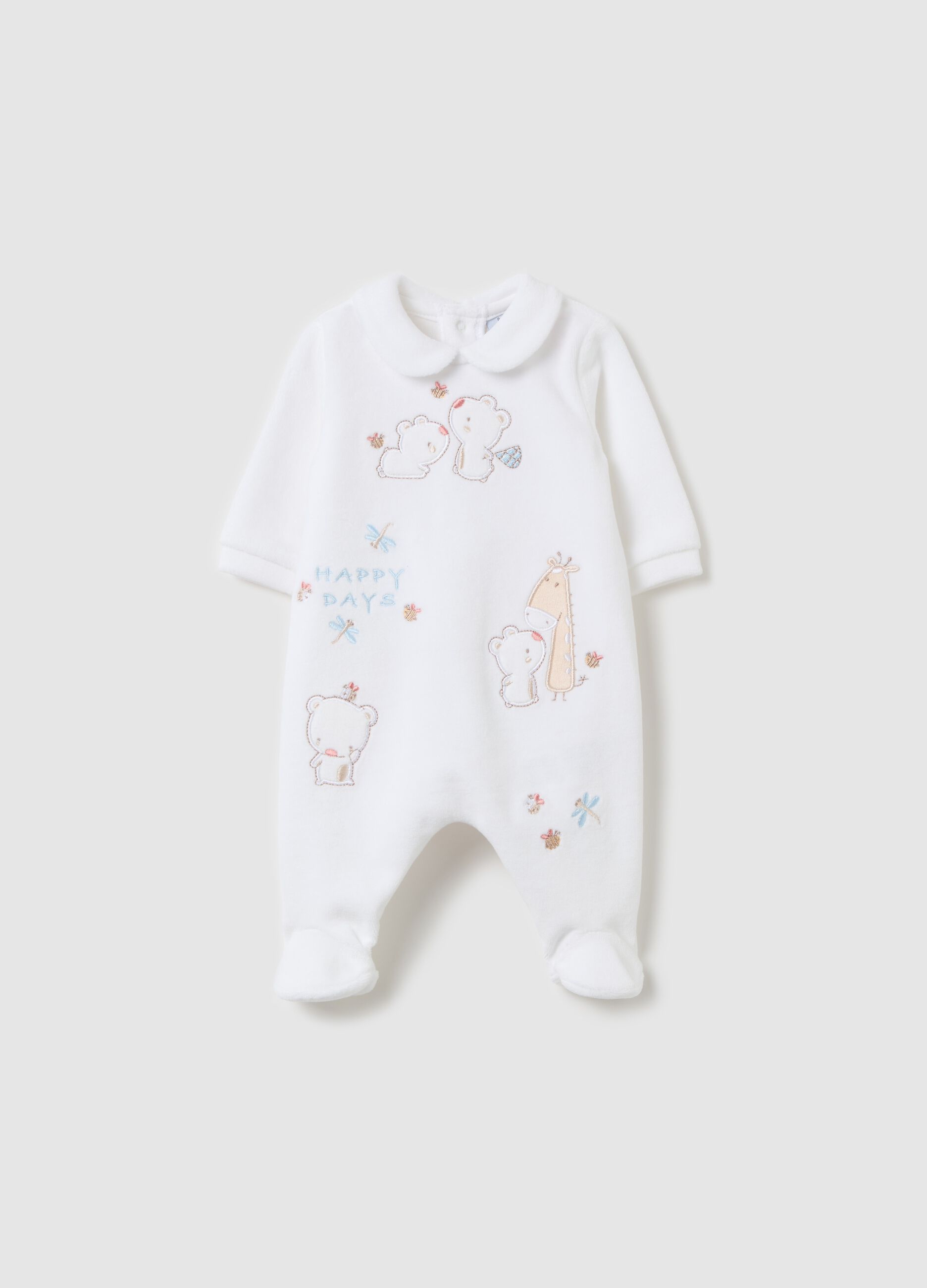 Velour onesie with feet and animals embroidery