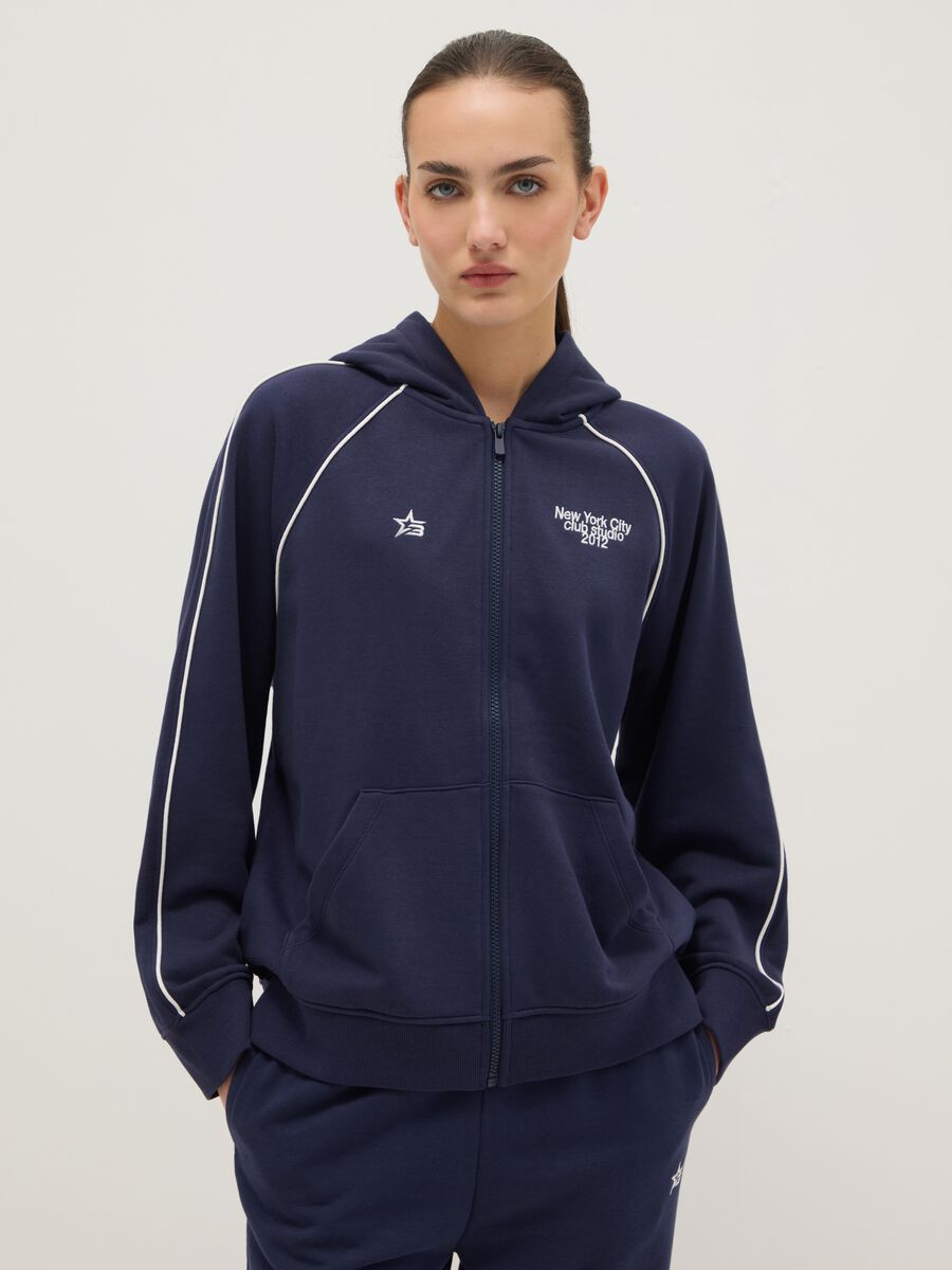 Blue hoodie with zip in cotton blend relaxed fit_0