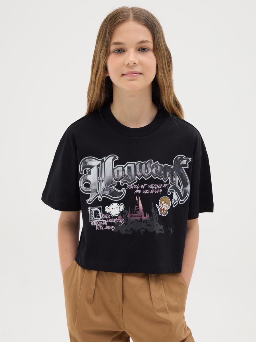 T-shirt crop in cotone con stampa Harry Potter _0