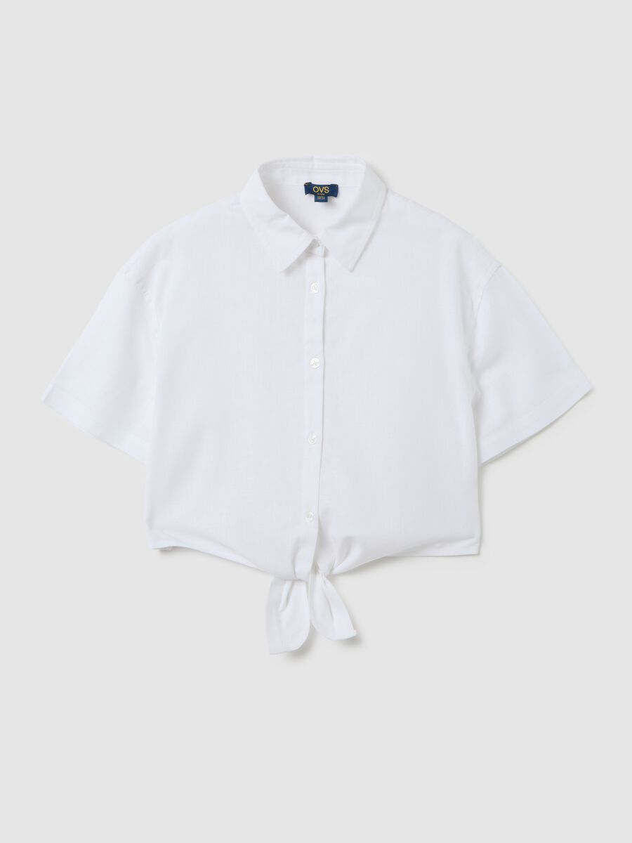 Camicia corta da ragazza in cotone e lino bianca regular fit con nodo frontale_3