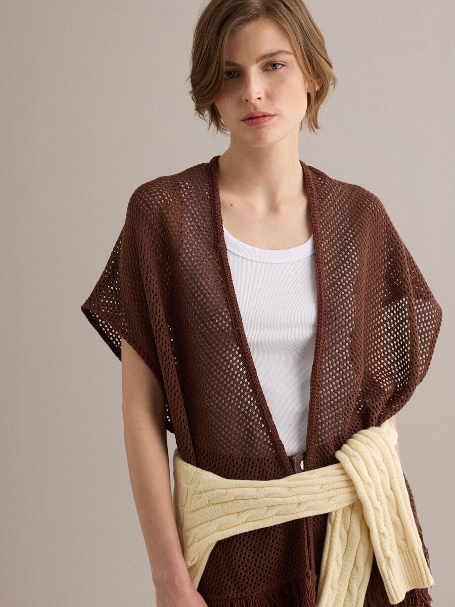 Cardigan marrone in misto viscosa a rete con frange_3