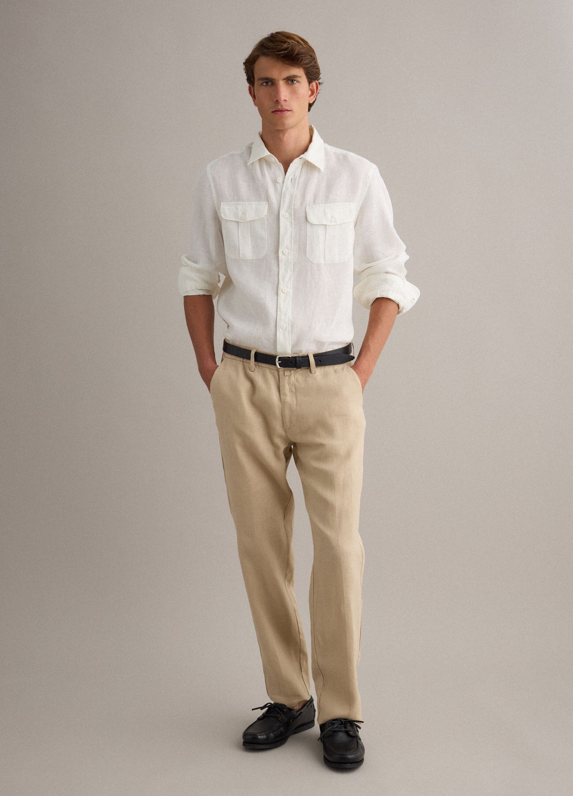 Beige pure linen chino trousers, regular fit