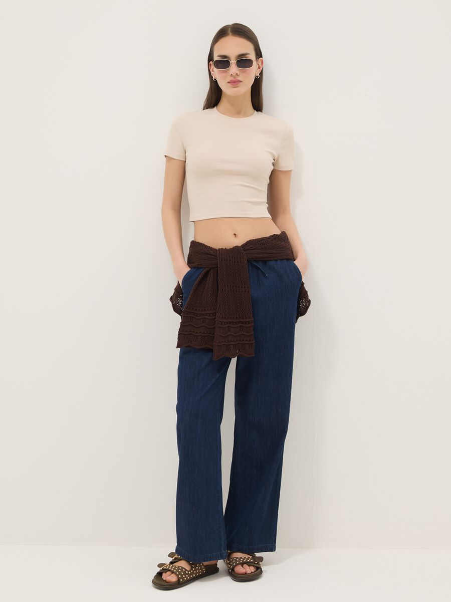 Beige ribbed fitted stretch-cotton T-shirt_2