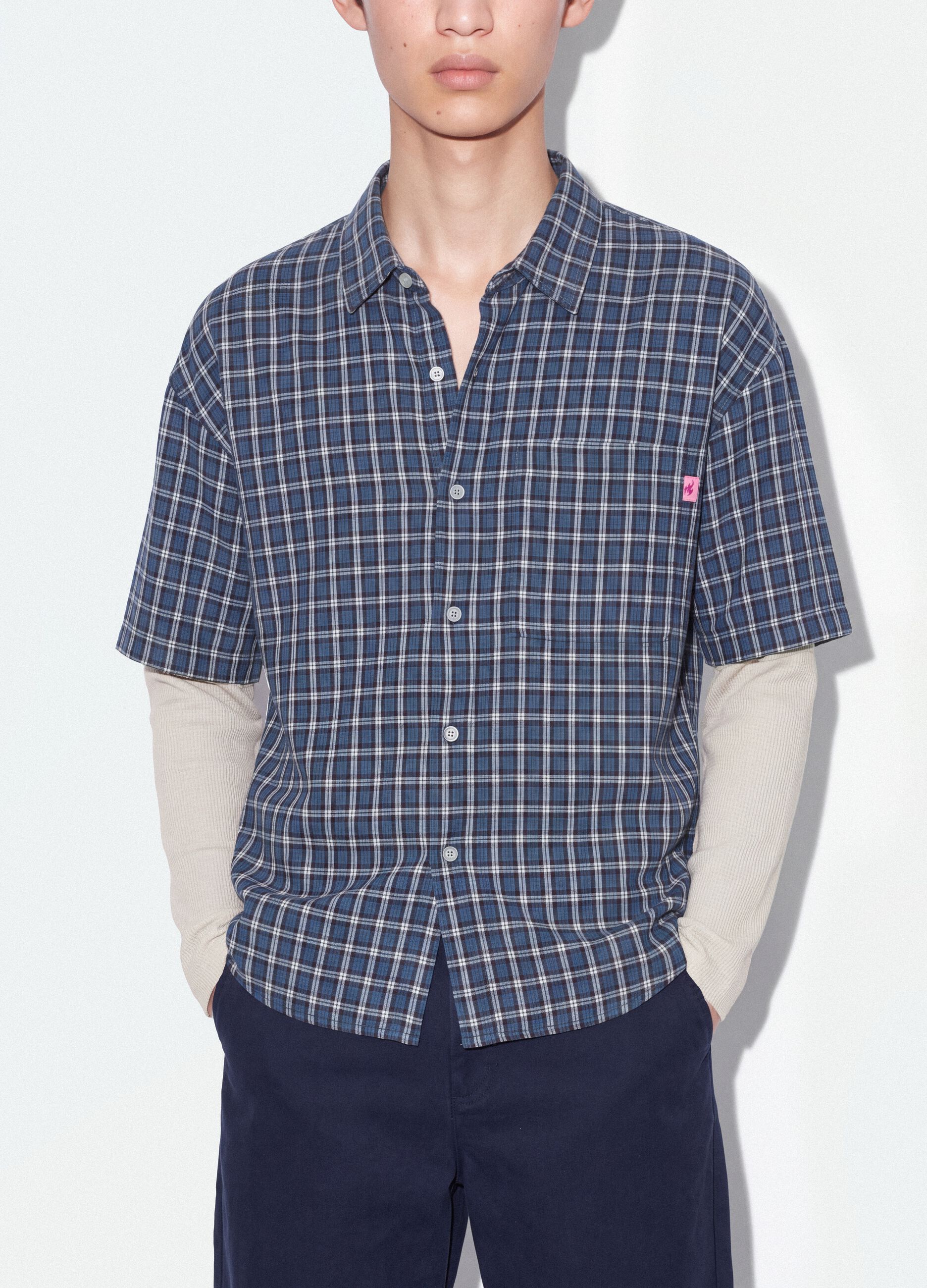 Blue cropped pure cotton checked shirt with layered double sleeves, oversized fit