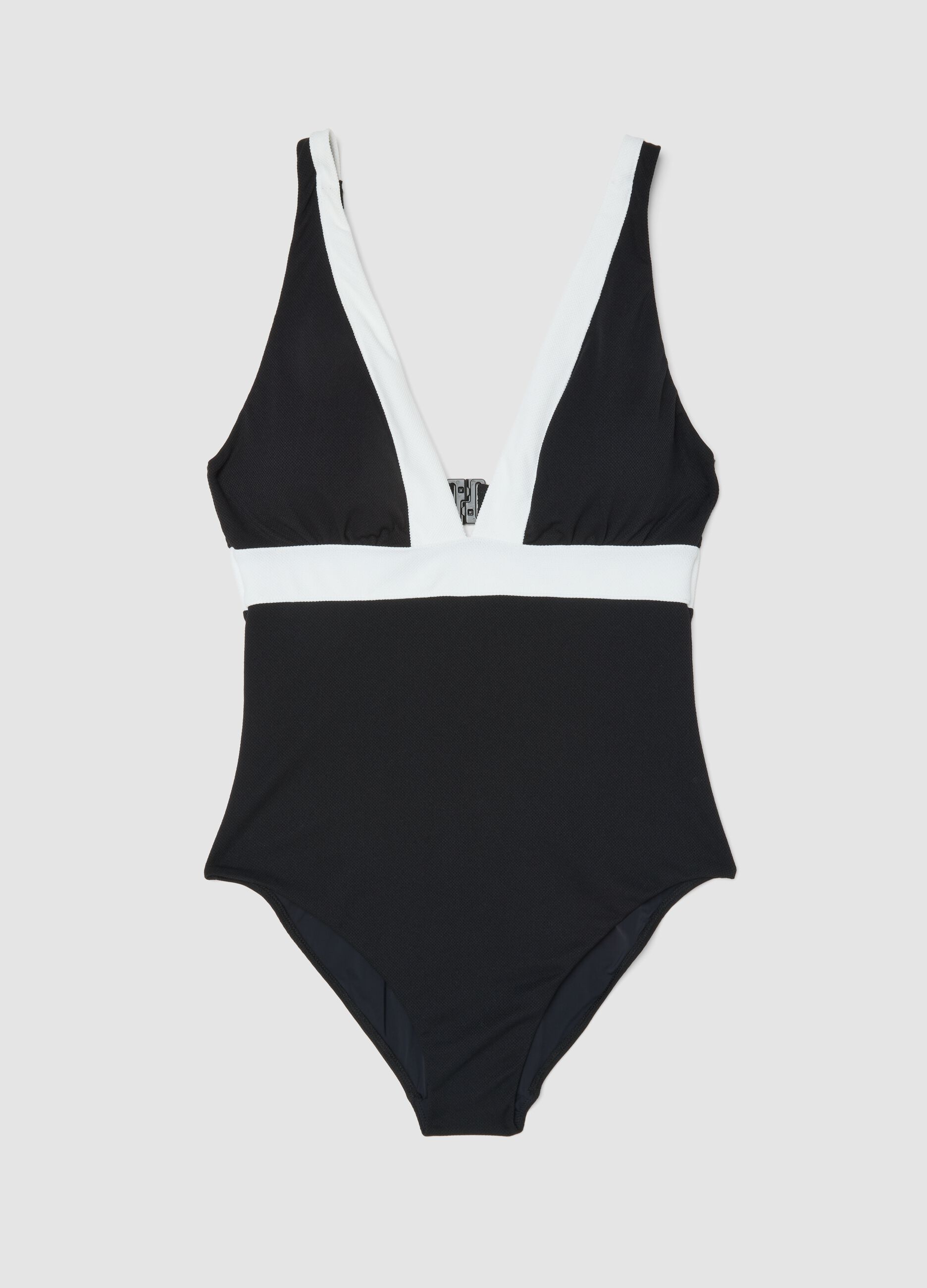 Black stretch fabric swimsuit with V-neck