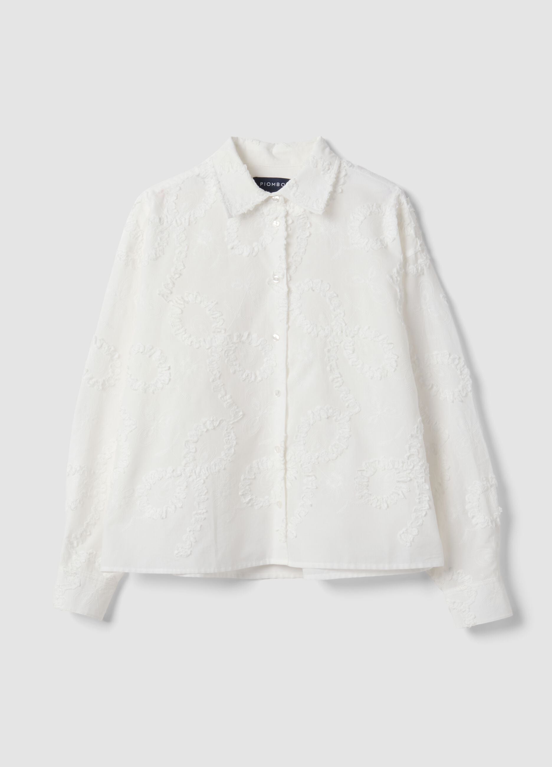 White pure cotton shirt with floral embroidery, regular fit