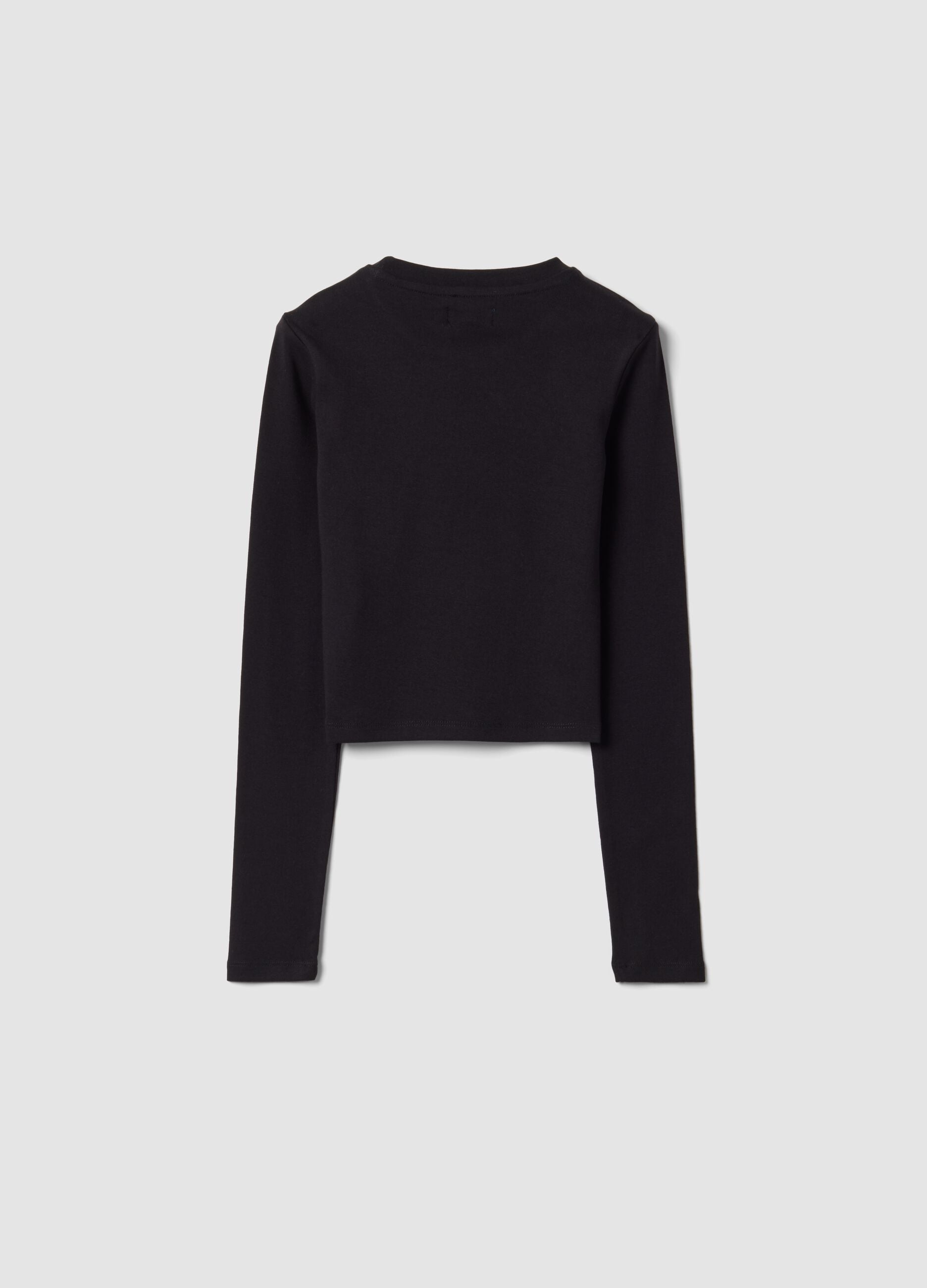 T-shirt nera in cotone organico elasticizzato con collo a costine per ragazza