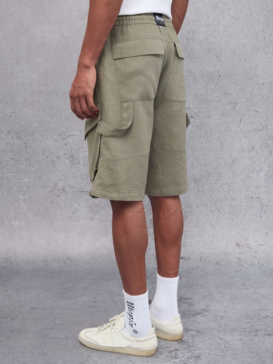 100% Linen Cargo Shorts Military Green_5