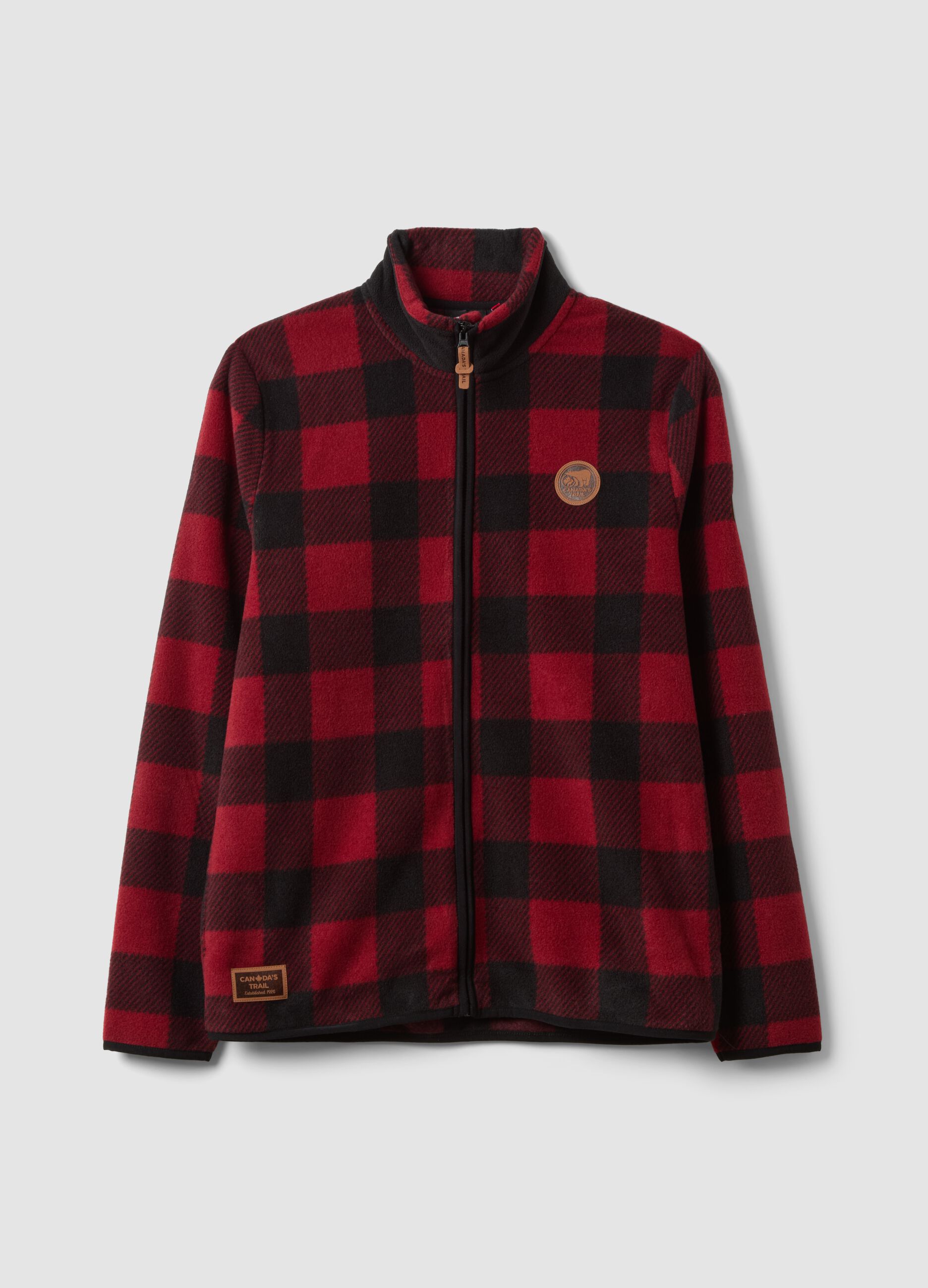 Red heavy check jacket with zip and high neck