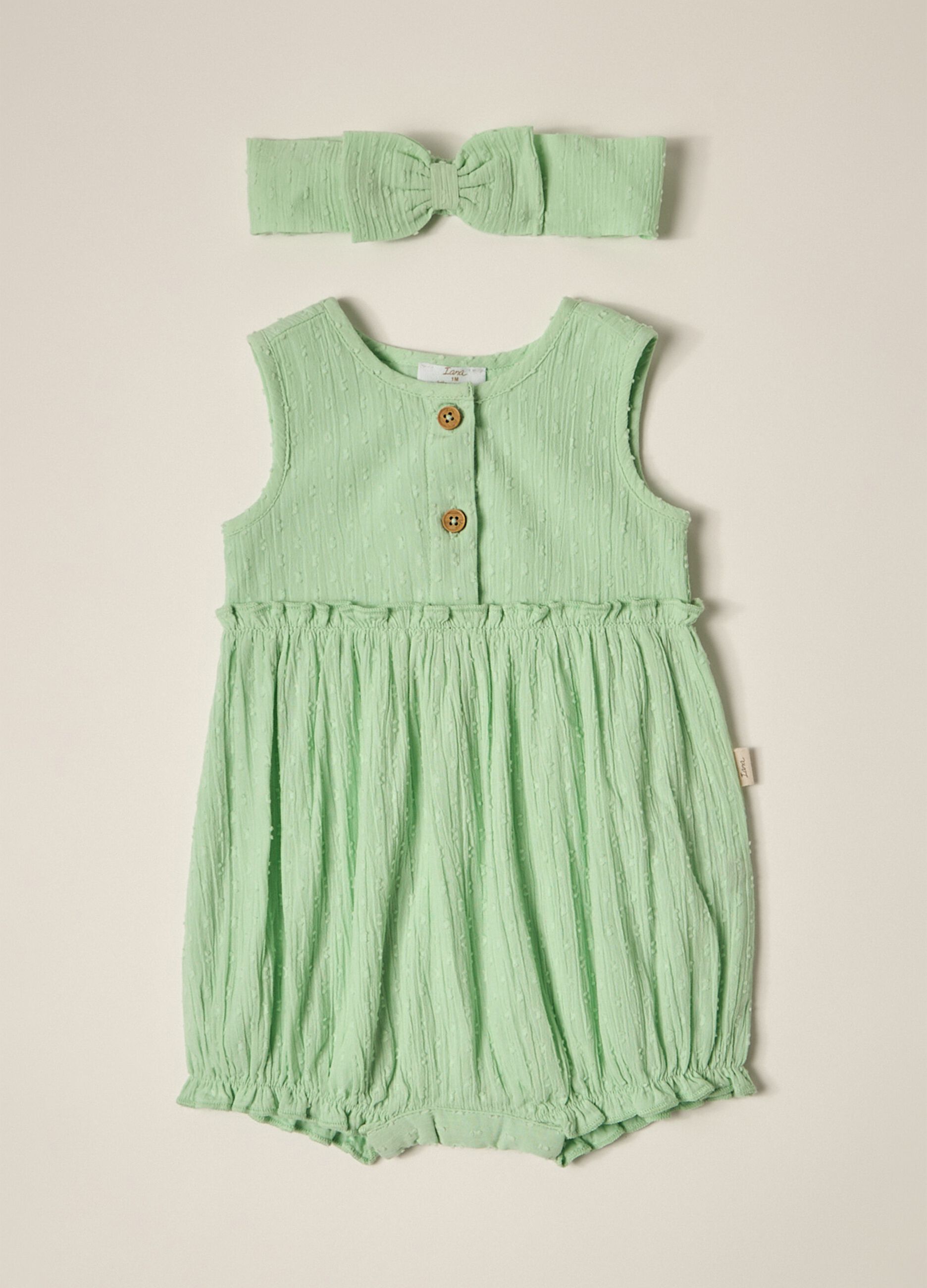 IANA newborn girl headband + romper suit set in 100% cotton