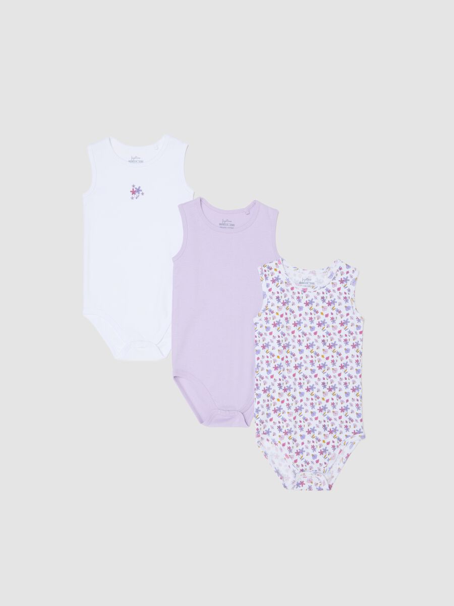 Tripack body senza maniche in puro cotone multicolor da neonata_0