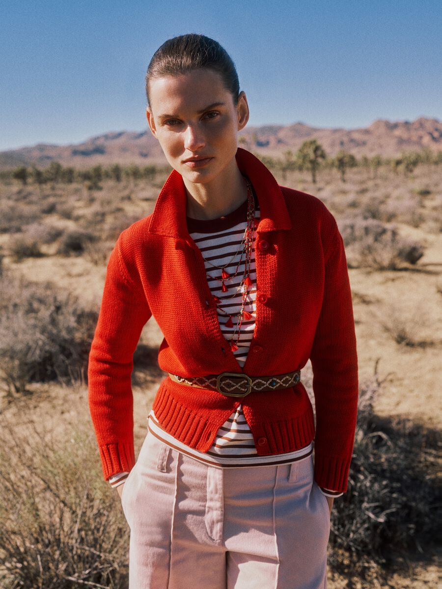 Cardigan rosso in puro cotone regular fit con collo polo_0